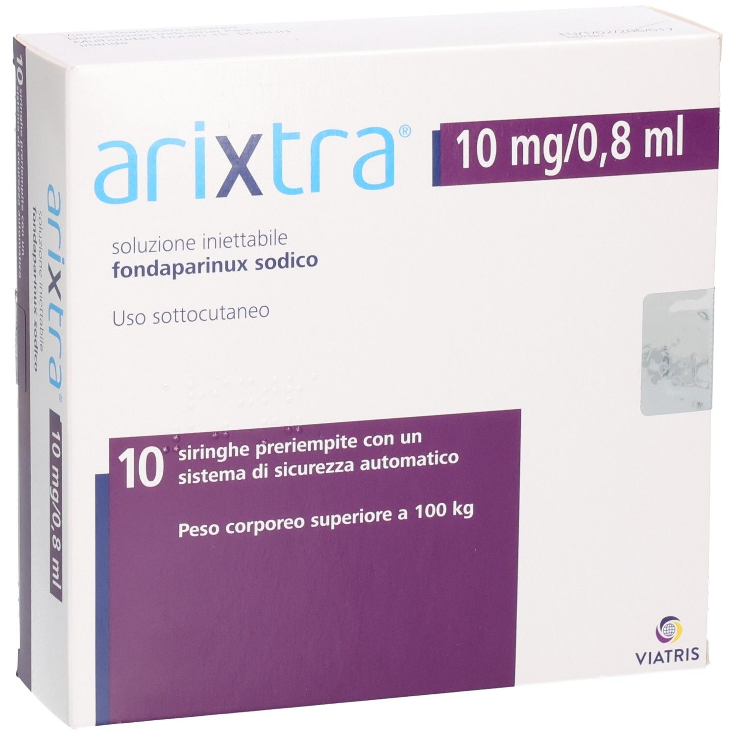 Arixtra-Verpackung. Enthält 10 Fertigspritzen. Aufschrift: 10 mg/0,8 ml. Viatris-Logo.