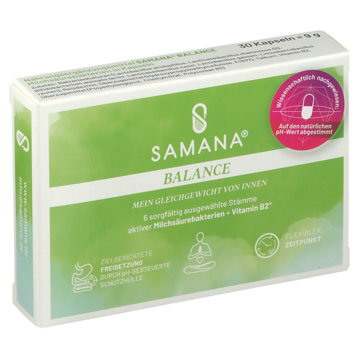 Weiß-grüne Schachtel SAMANA® BALANCE mit 30 Kapseln. Aufdruck: 6 Stämme aktiver Milchsäurebakterien + Vitamin B2. Siegel: Wissenschaftlich nachgewiesen.