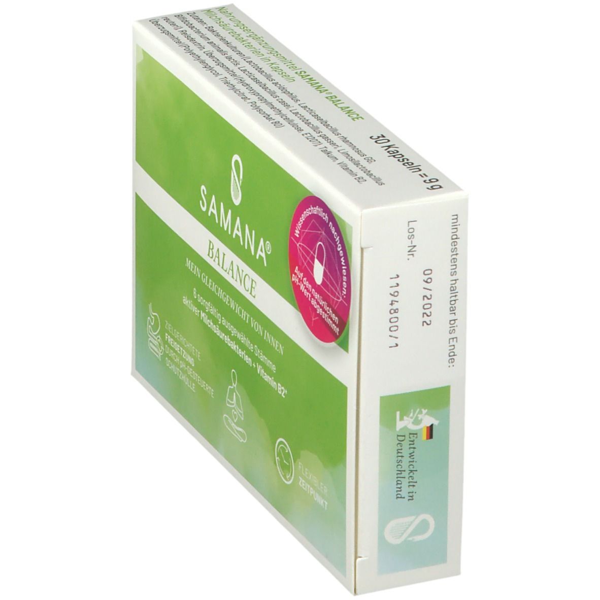 Schachtel SAMANA® BALANCE, Seitenansicht. Aufdruck: 30 Kapseln. Siegel: Wissenschaftlich nachgewiesen. Text: Entwickelt in Deutschland.