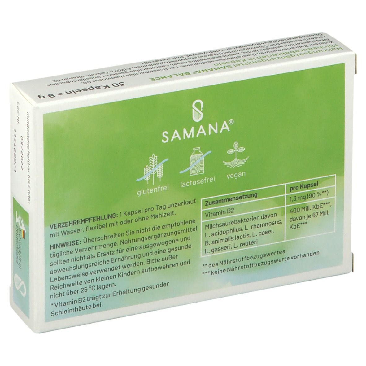 Rückseite der Schachtel SAMANA® BALANCE. Aufdruck: 30 Kapseln. Inhaltsstoffe, Verzehrempfehlung, glutenfrei, lactosefrei, vegan.