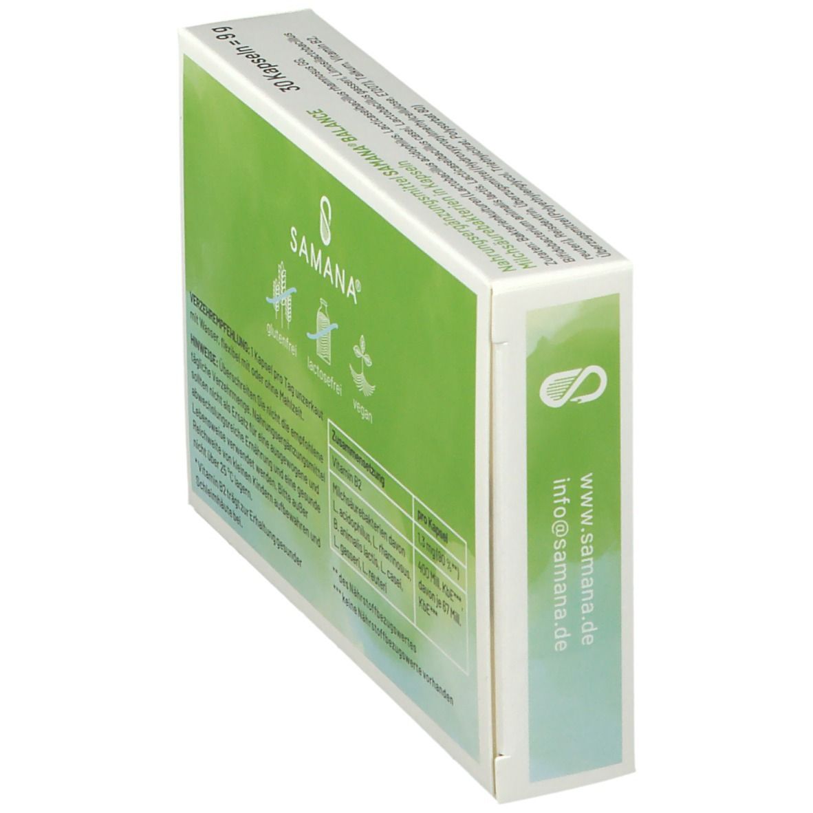 Schachtel SAMANA® BALANCE, Seitenansicht. Aufdruck: 30 Kapseln. Text: Verzehrempfehlung, Inhaltsstoffe, glutenfrei, lactosefrei, vegan.