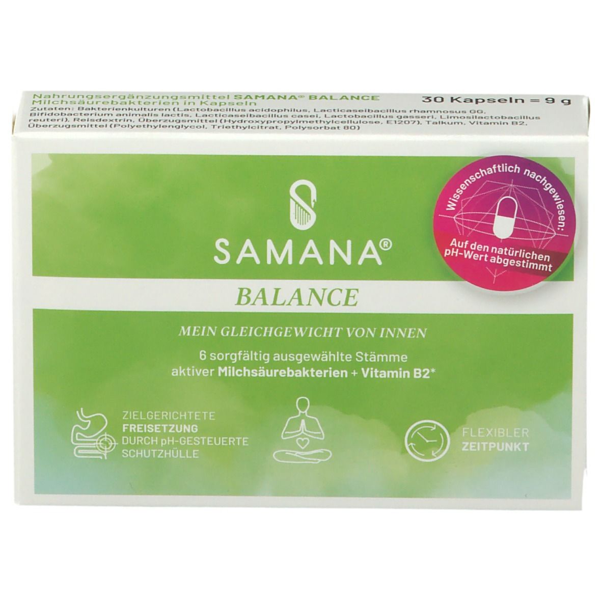 Weiß-grüne Schachtel SAMANA® BALANCE mit 30 Kapseln. Aufdruck: 6 Stämme aktiver Milchsäurebakterien + Vitamin B2. Siegel: Wissenschaftlich nachgewiesen.