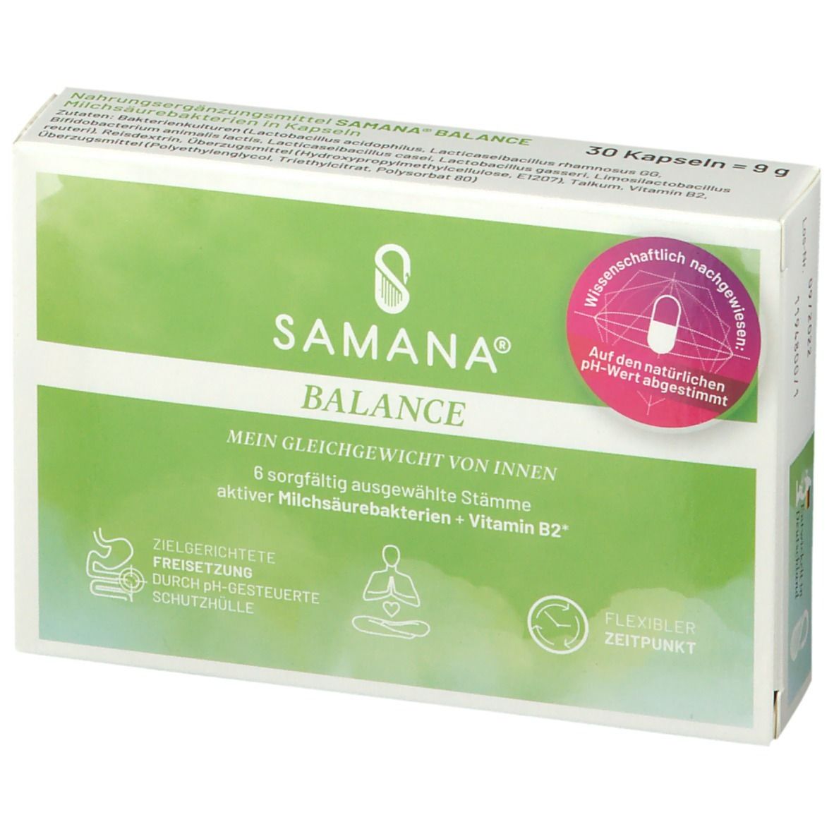 Weiß-grüne Schachtel SAMANA® BALANCE mit 30 Kapseln. Aufdruck: 6 Stämme aktiver Milchsäurebakterien + Vitamin B2. Siegel: Wissenschaftlich nachgewiesen.