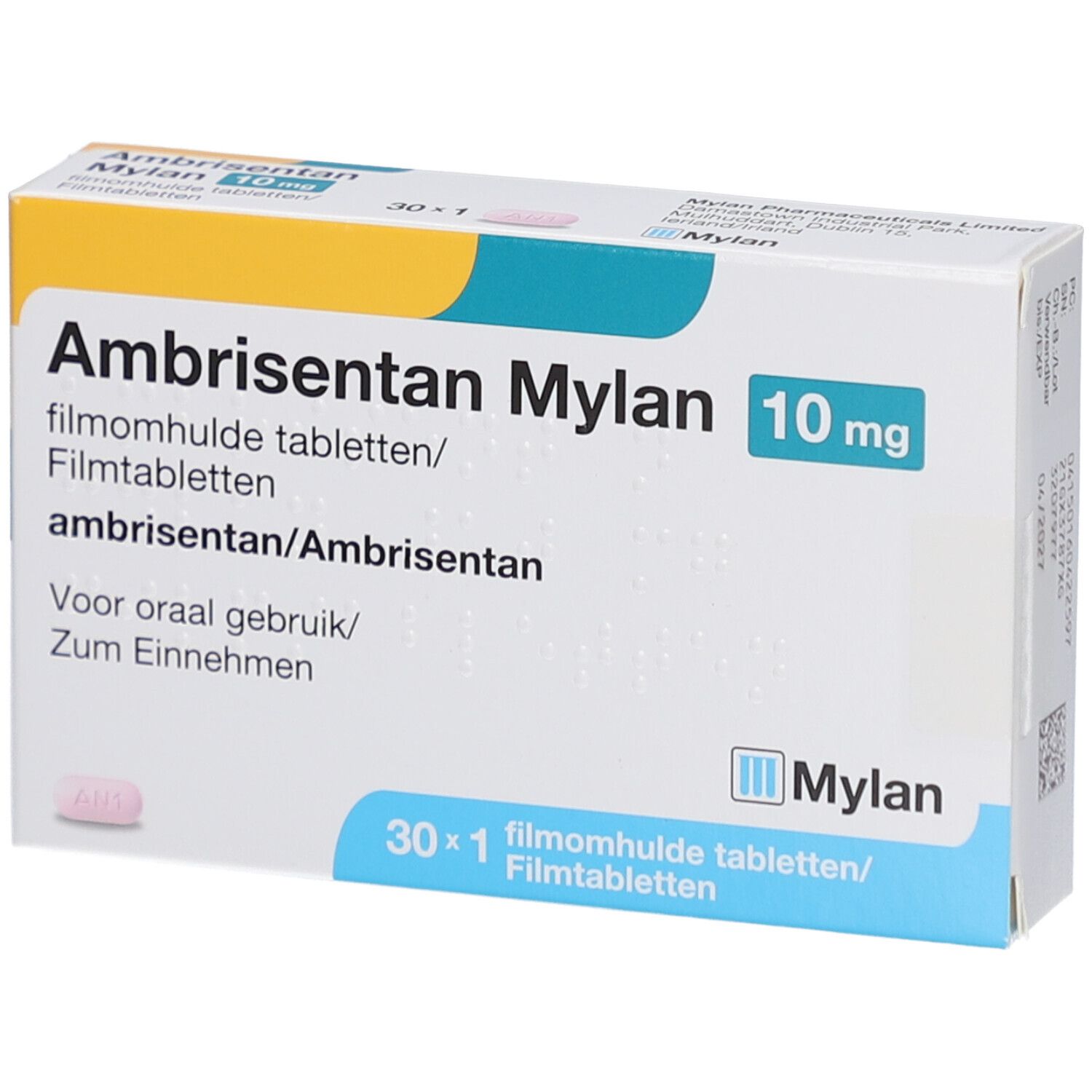 Ambrisentan Mylan 10 mg Filmtabletten-Packung. Weiße Schachtel mit gelbem und blauem Design. 30 x 1 Tabletten.