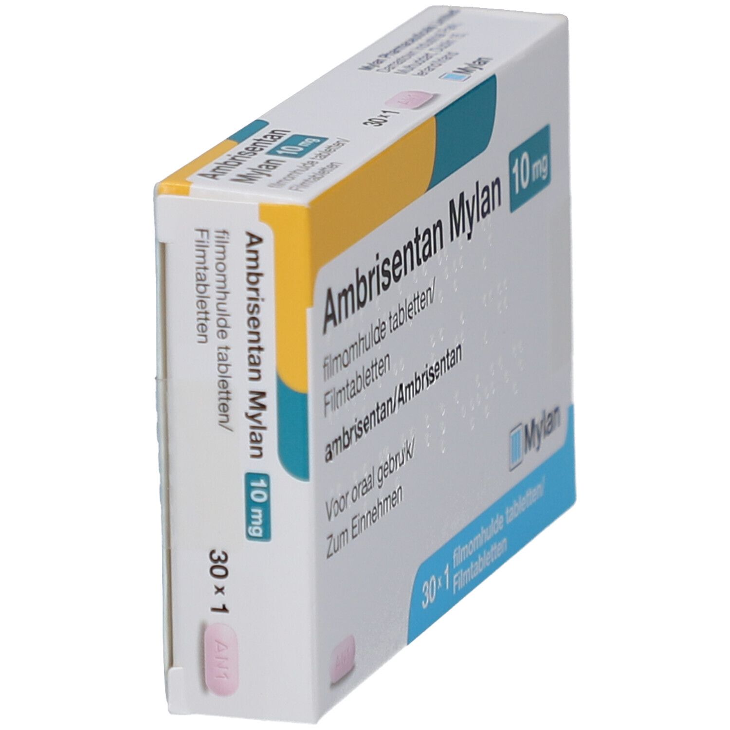 Ambrisentan Mylan 10 mg Packung, schräg. Weiße Schachtel mit gelbem und blauem Design. 30 x 1 Tabletten.