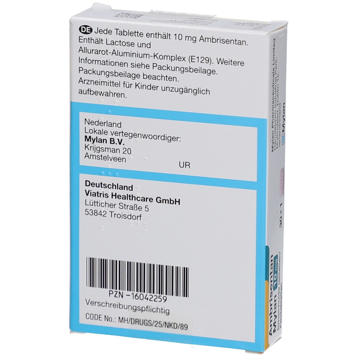 Rückseite der Ambrisentan Mylan 10 mg Packung. Enthält Informationen zu Inhaltsstoffen und Hersteller.
