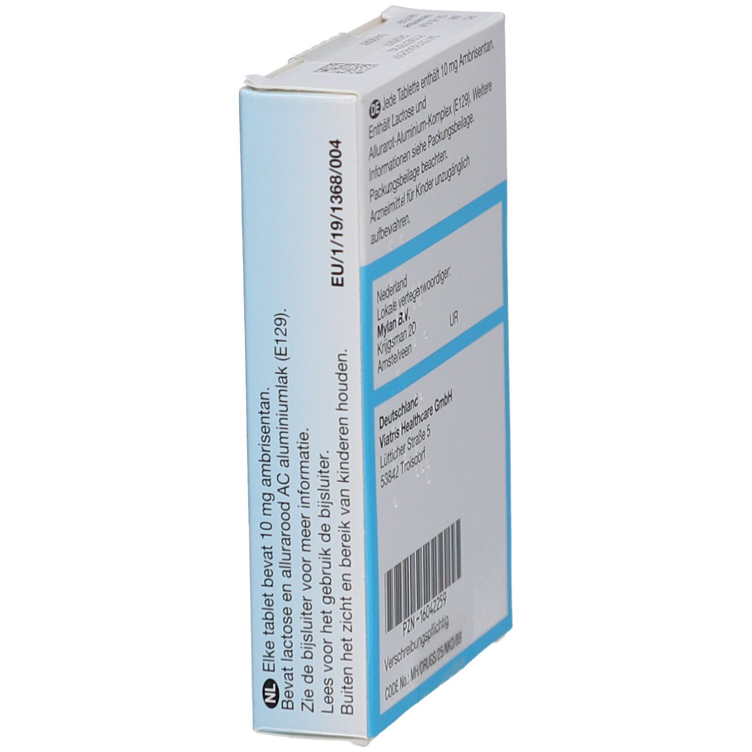Seite der Ambrisentan Mylan 10 mg Packung. Enthält Informationen zu Inhaltsstoffen und Hersteller.
