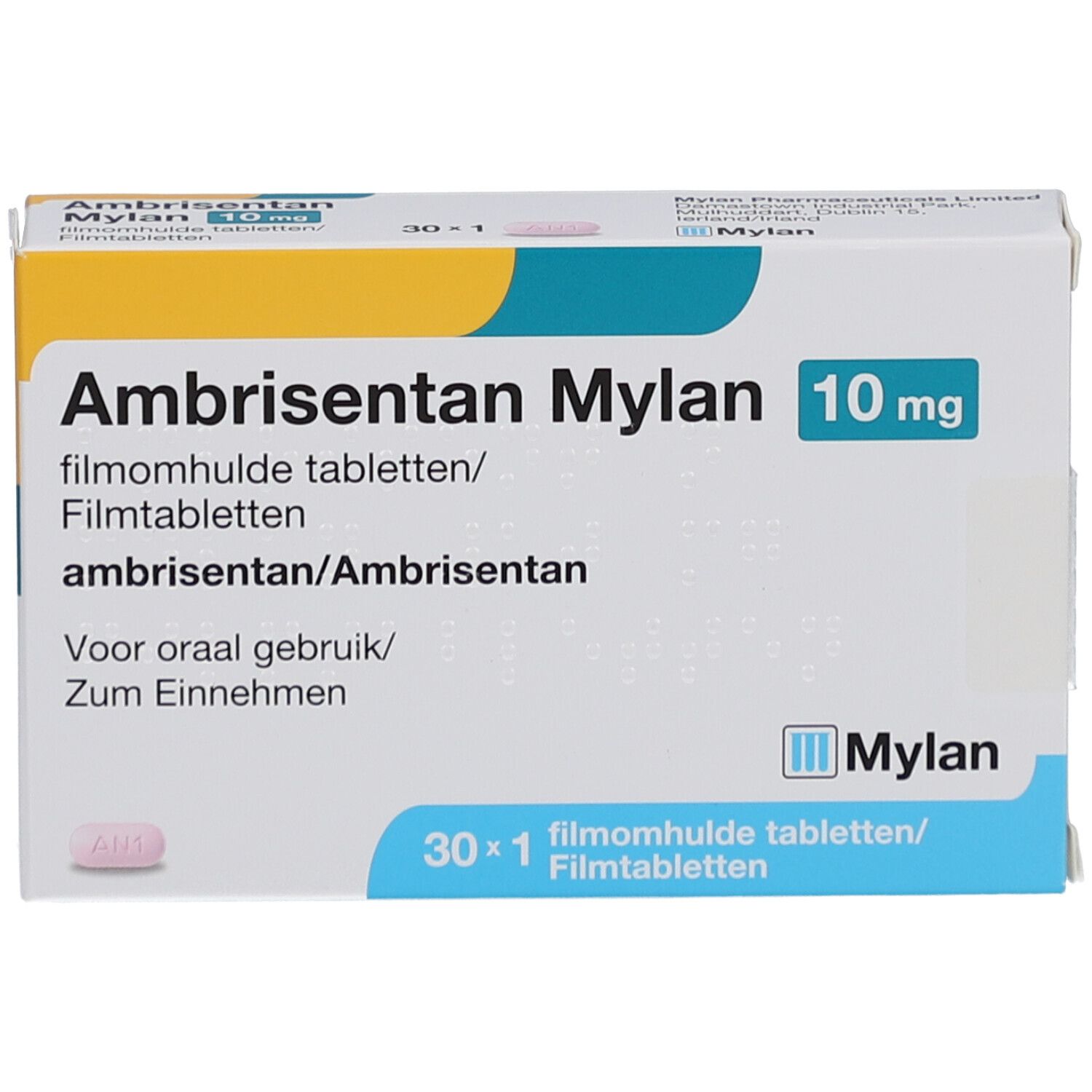 Ambrisentan Mylan 10 mg Filmtabletten-Packung. Weiße Schachtel mit gelbem und blauem Design. 30 x 1 Tabletten.
