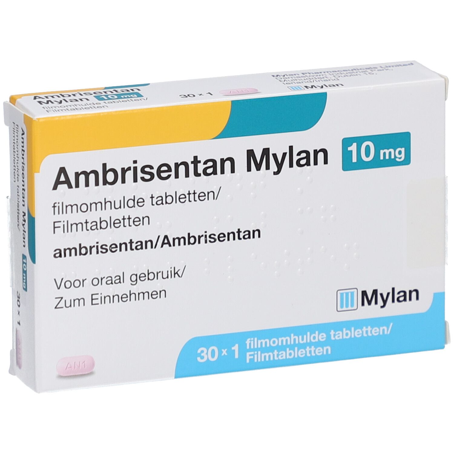 Ambrisentan Mylan 10 mg Filmtabletten-Packung. Weiße Schachtel mit gelbem und blauem Design. 30 x 1 Tabletten.