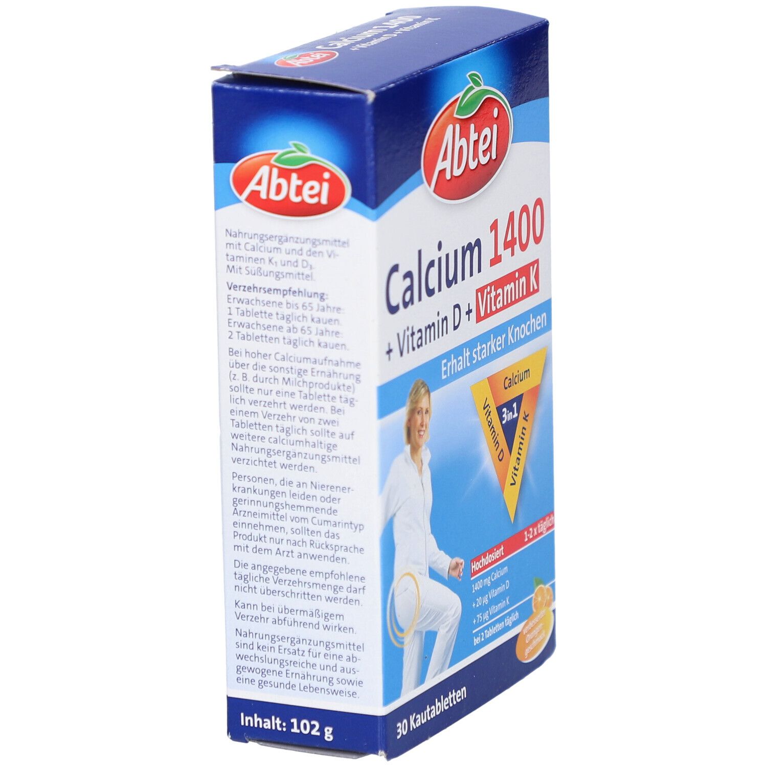 Abtei Calcium 1400 + Vitamin D + Vitamin K. Schrägansicht der Verpackung mit Produktnamen und Inhaltsangaben. 30 Kautabletten.