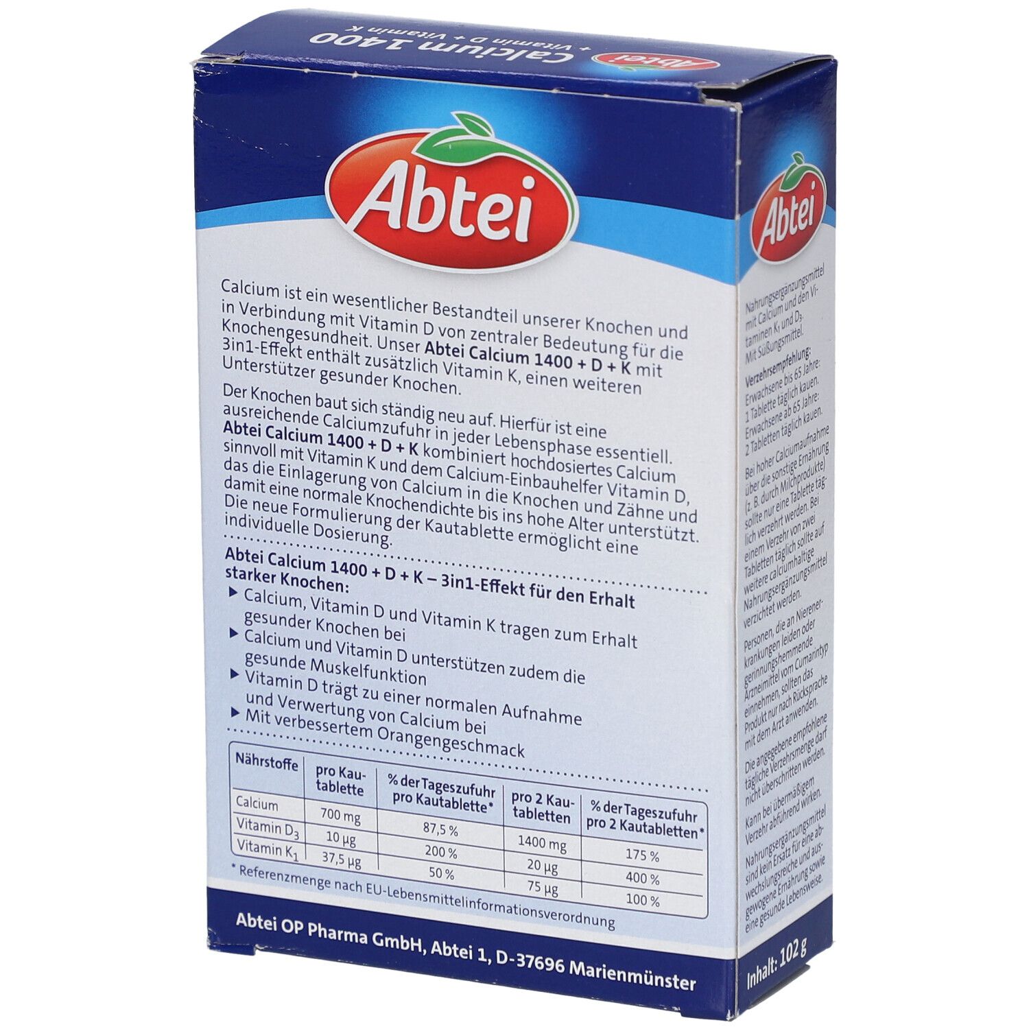 Rückseite der Abtei Calcium 1400 + Vitamin D + Vitamin K Verpackung. Textinformationen zu Inhaltsstoffen und Nährwerten.