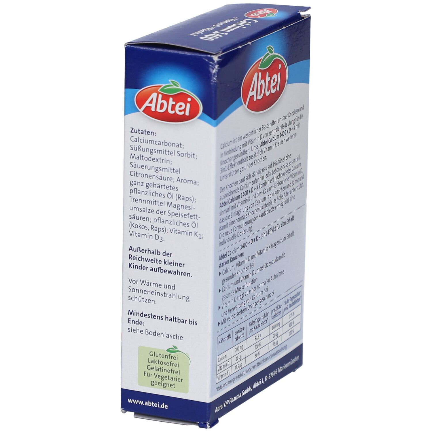 Seite der Abtei Calcium 1400 + Vitamin D + Vitamin K Verpackung. Textinformationen zu Inhaltsstoffen und Warnhinweisen.