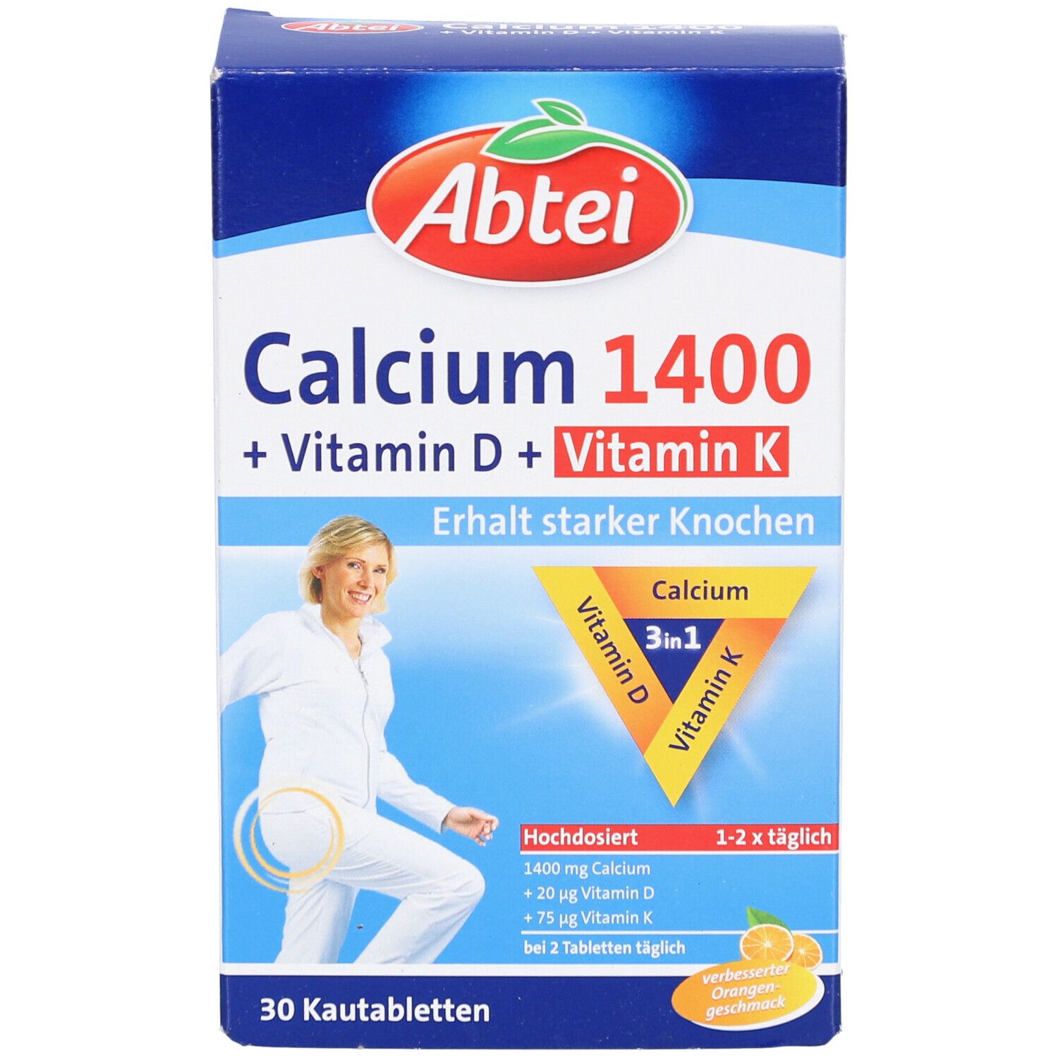 Abtei Calcium 1400 + Vitamin D + Vitamin K. Vorderansicht der Verpackung mit Produktnamen, Frau und Inhaltsangaben.