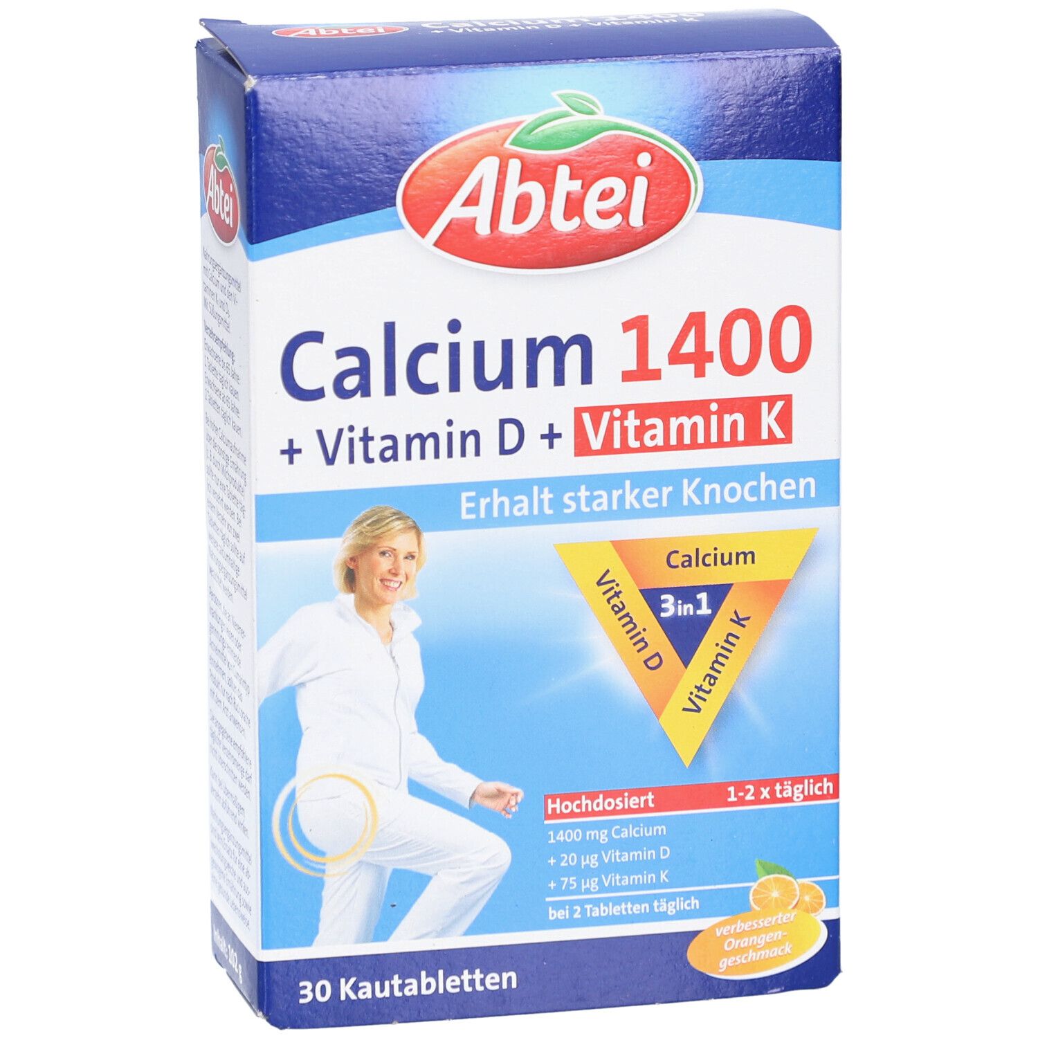 Abtei Calcium 1400 + Vitamin D + Vitamin K. Vorderansicht der Verpackung mit Produktnamen, Frau und Inhaltsangaben.