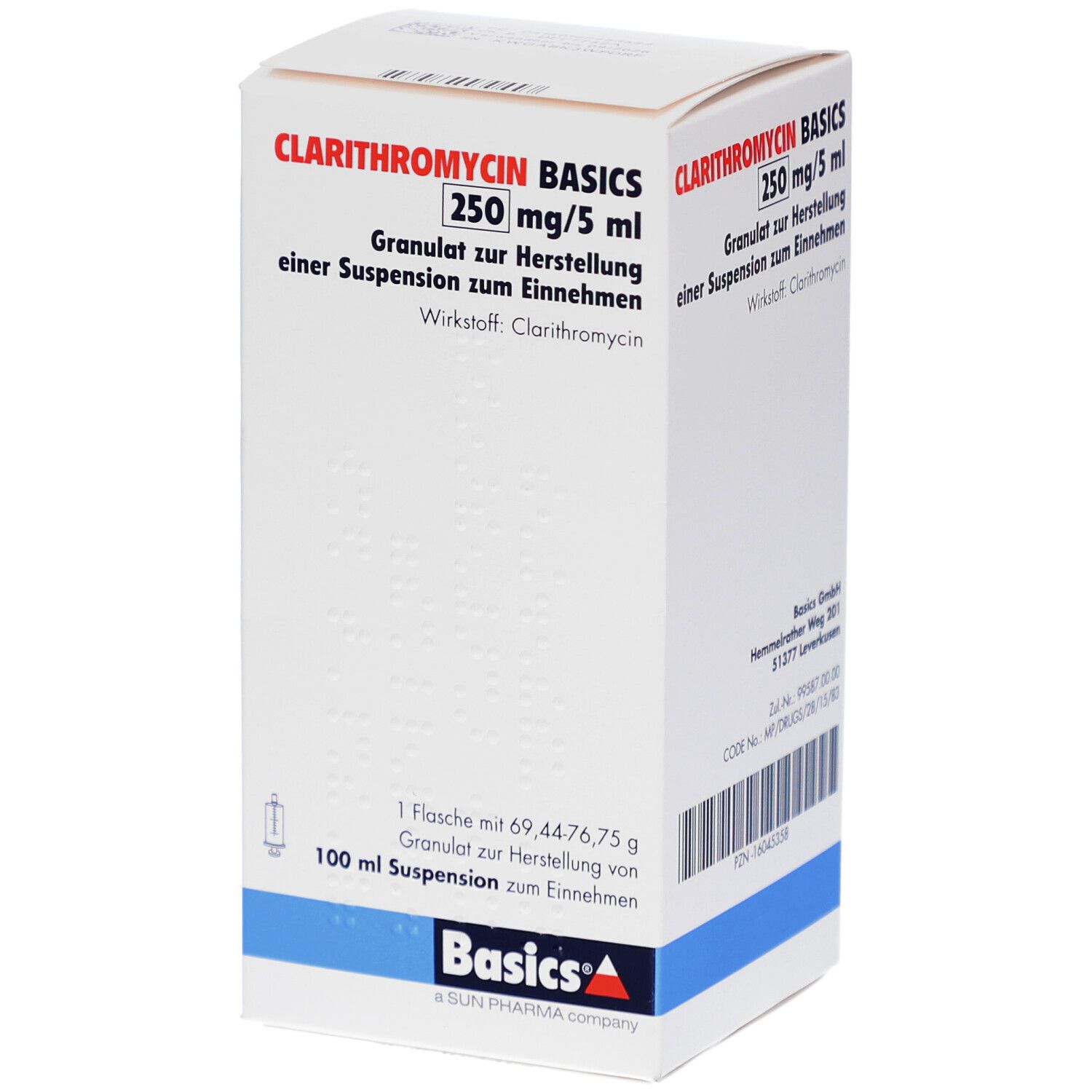 Weißer Karton mit Aufschrift CLARITHROMYCIN BASICS 250 mg/5 ml. Enthält Granulat zur Herstellung einer Suspension. Basics-Logo.