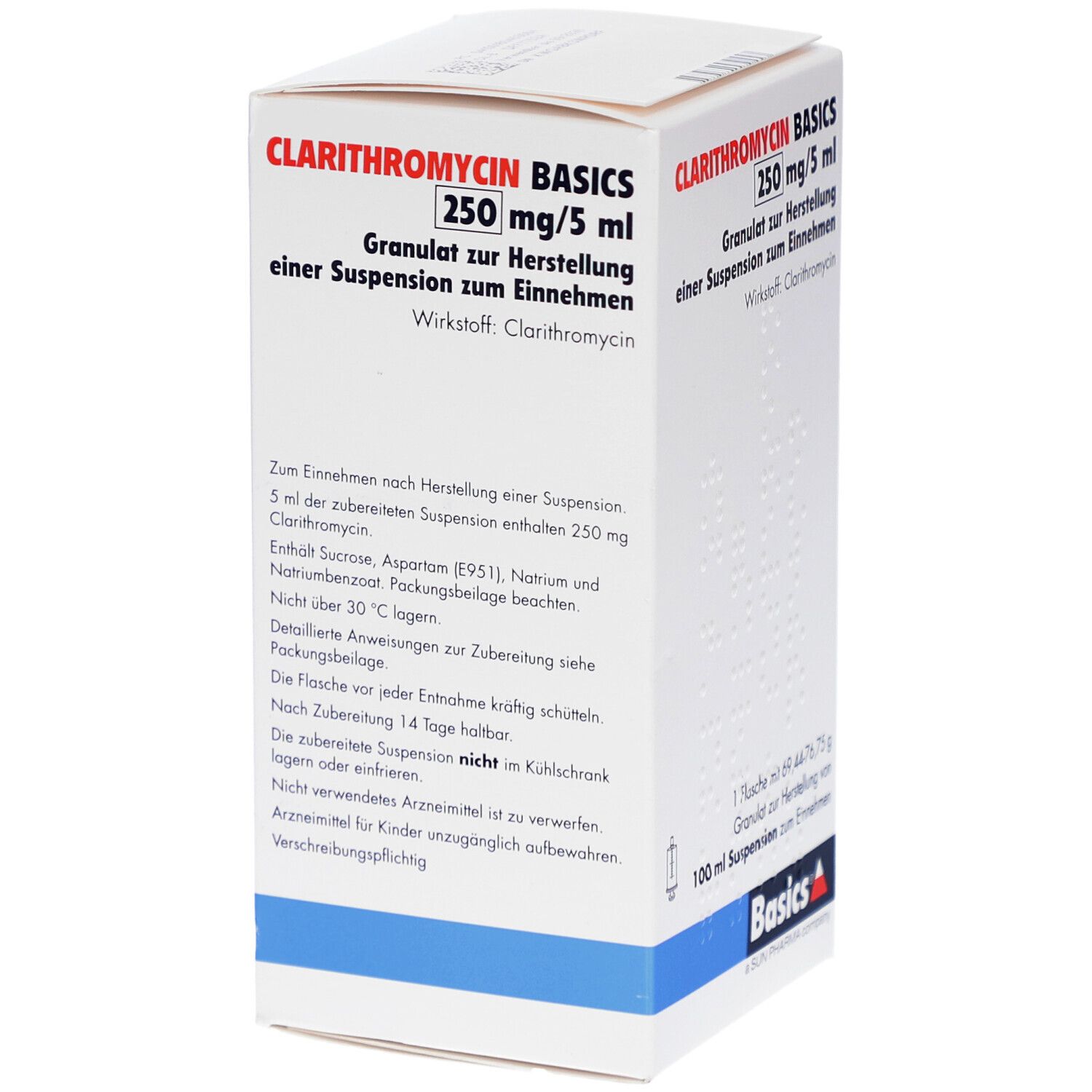 Weißer Karton mit Text: CLARITHROMYCIN BASICS 250 mg/5 ml. Enthält Granulat zur Herstellung einer Suspension. Text auf Deutsch.