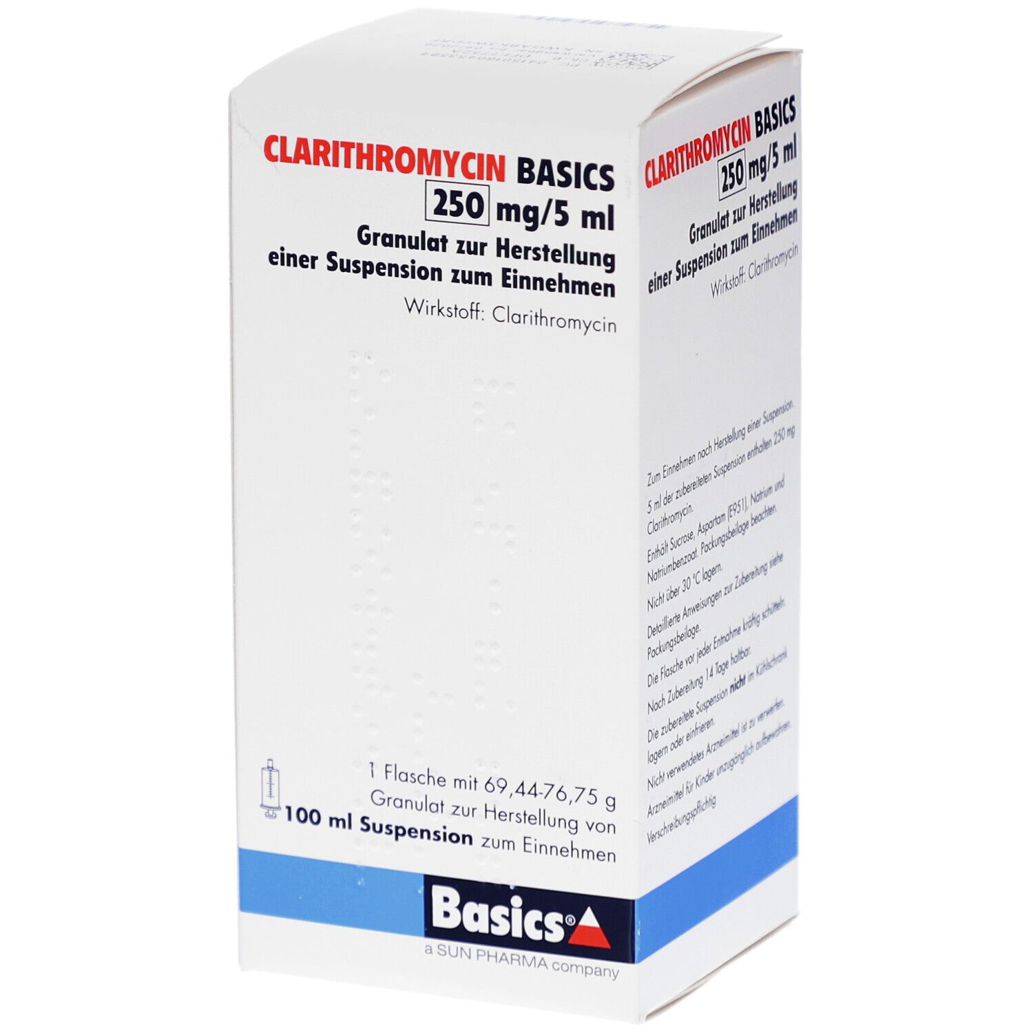 Weißer Karton mit Aufschrift CLARITHROMYCIN BASICS 250 mg/5 ml. Enthält Granulat zur Herstellung einer Suspension. Basics-Logo.