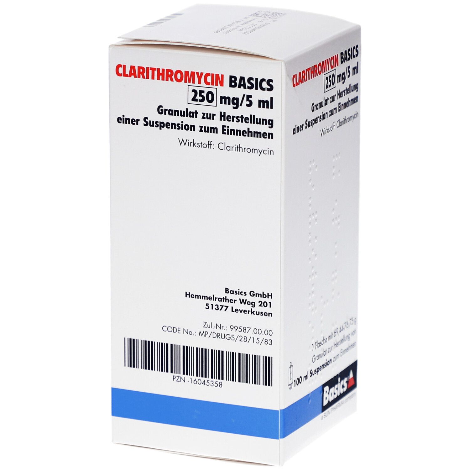 Weißer Karton mit Aufschrift CLARITHROMYCIN BASICS 250 mg/5 ml. Enthält Granulat zur Herstellung einer Suspension. Basics-Logo.