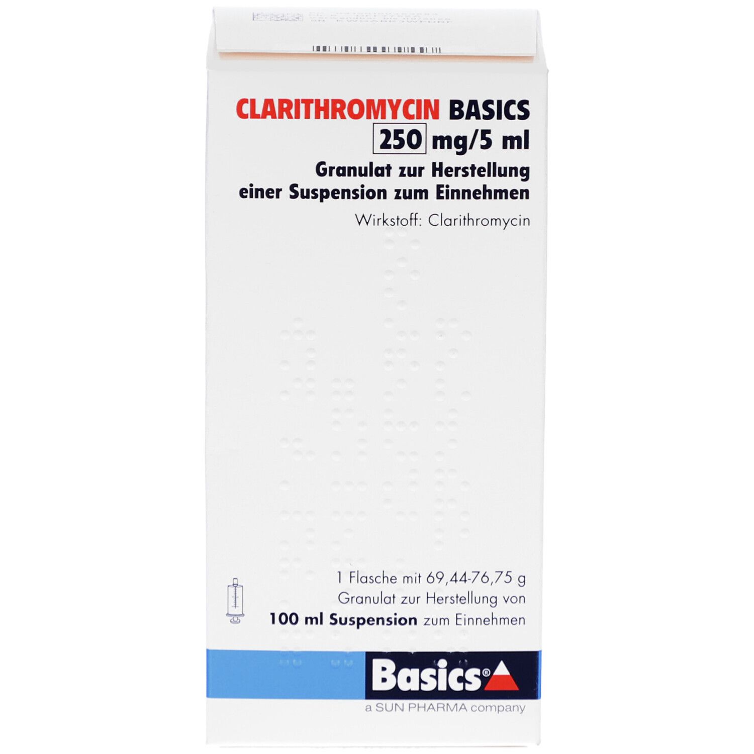 Weißer Karton mit Aufschrift CLARITHROMYCIN BASICS 250 mg/5 ml. Enthält Granulat zur Herstellung einer Suspension. Basics-Logo.