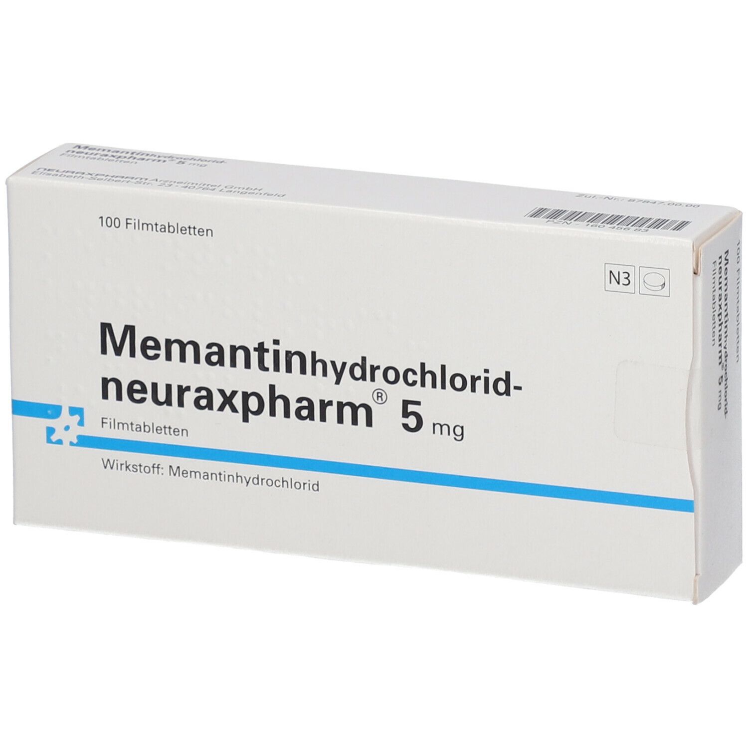 Schachtel mit Memantinhydrochlorid-neuraxpharm 5 mg. Blaue Linie, 100 Filmtabletten. N3-Kennzeichen.