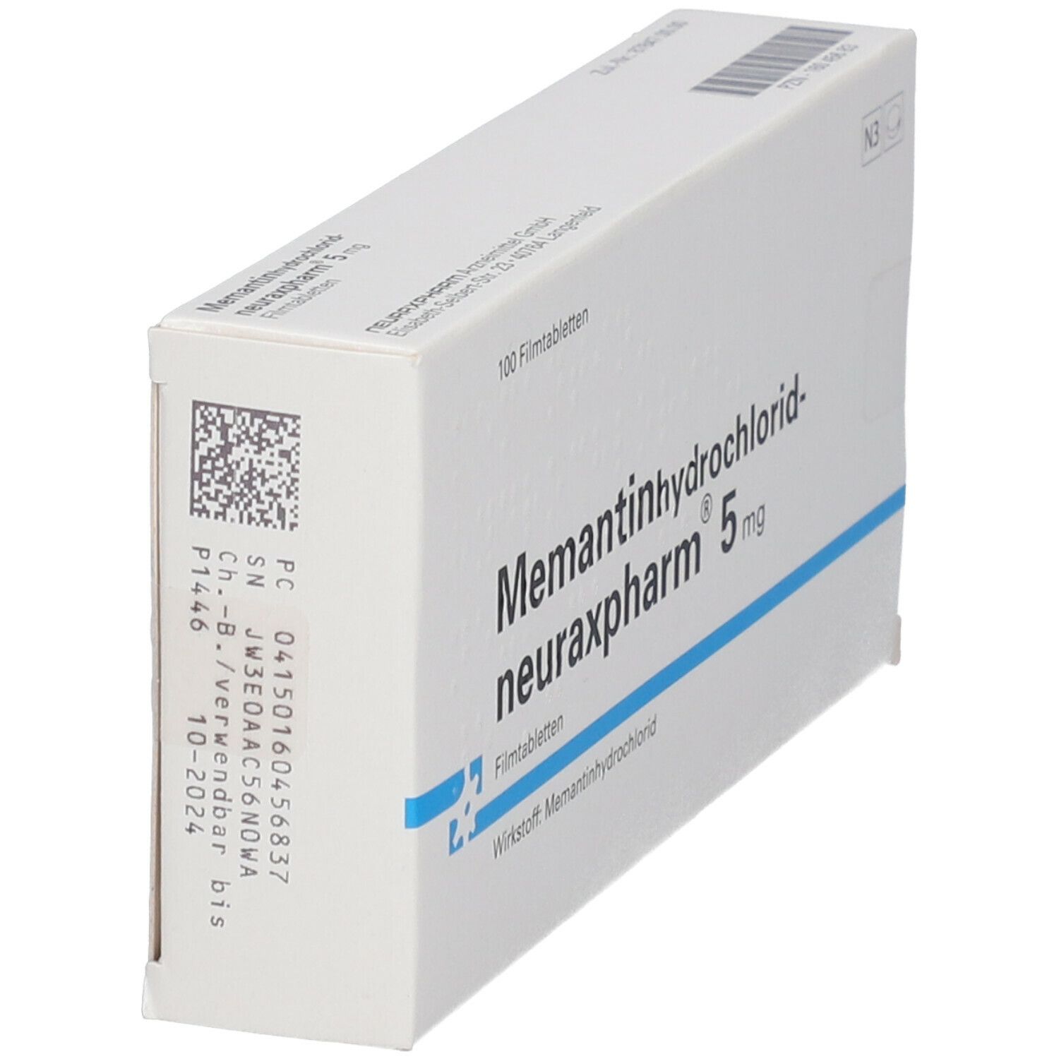 Schachtel Memantinhydrochlorid-neuraxpharm 5 mg. 100 Filmtabletten. N3-Kennzeichen. Barcode und Chargennummer.