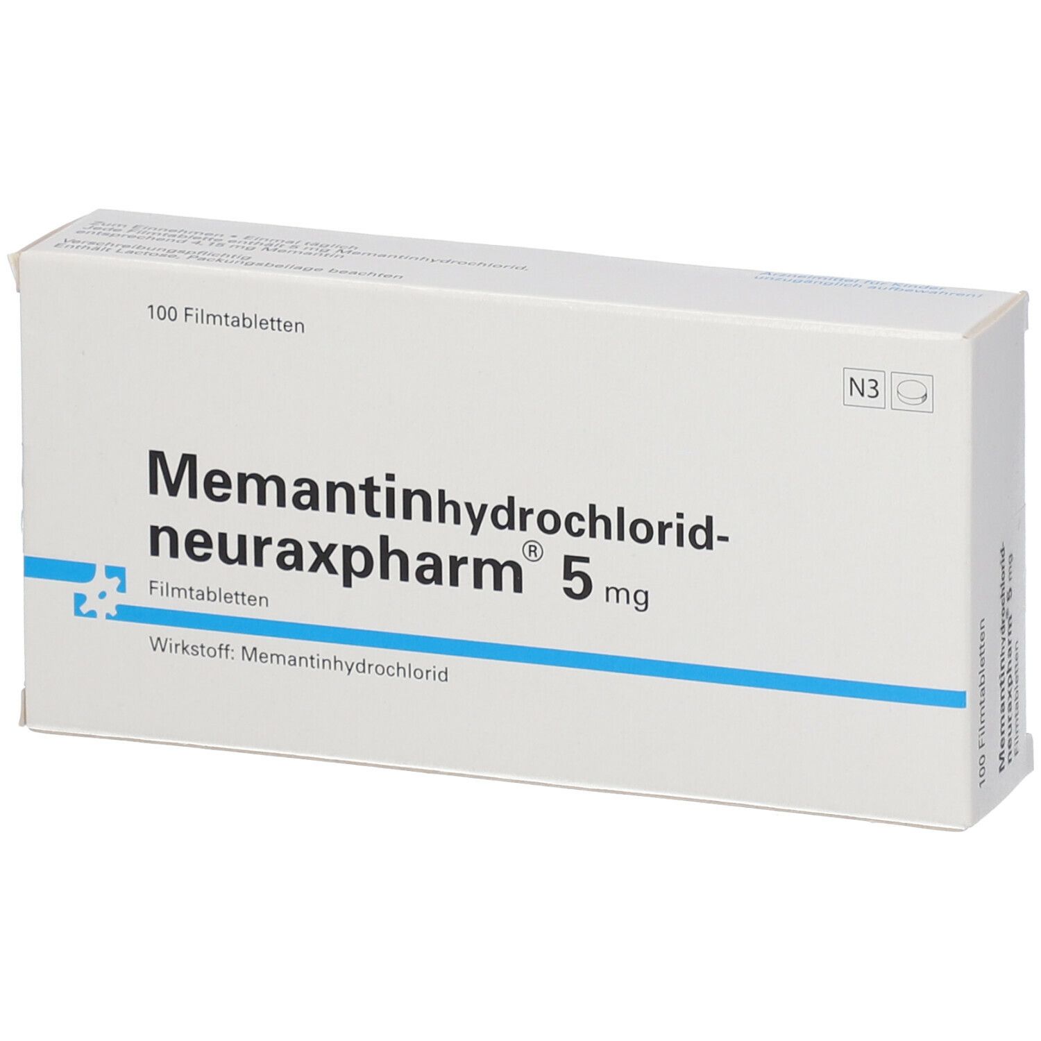 Schachtel mit Memantinhydrochlorid-neuraxpharm 5 mg. 100 Filmtabletten. Blaue Linie. N3-Kennzeichen.