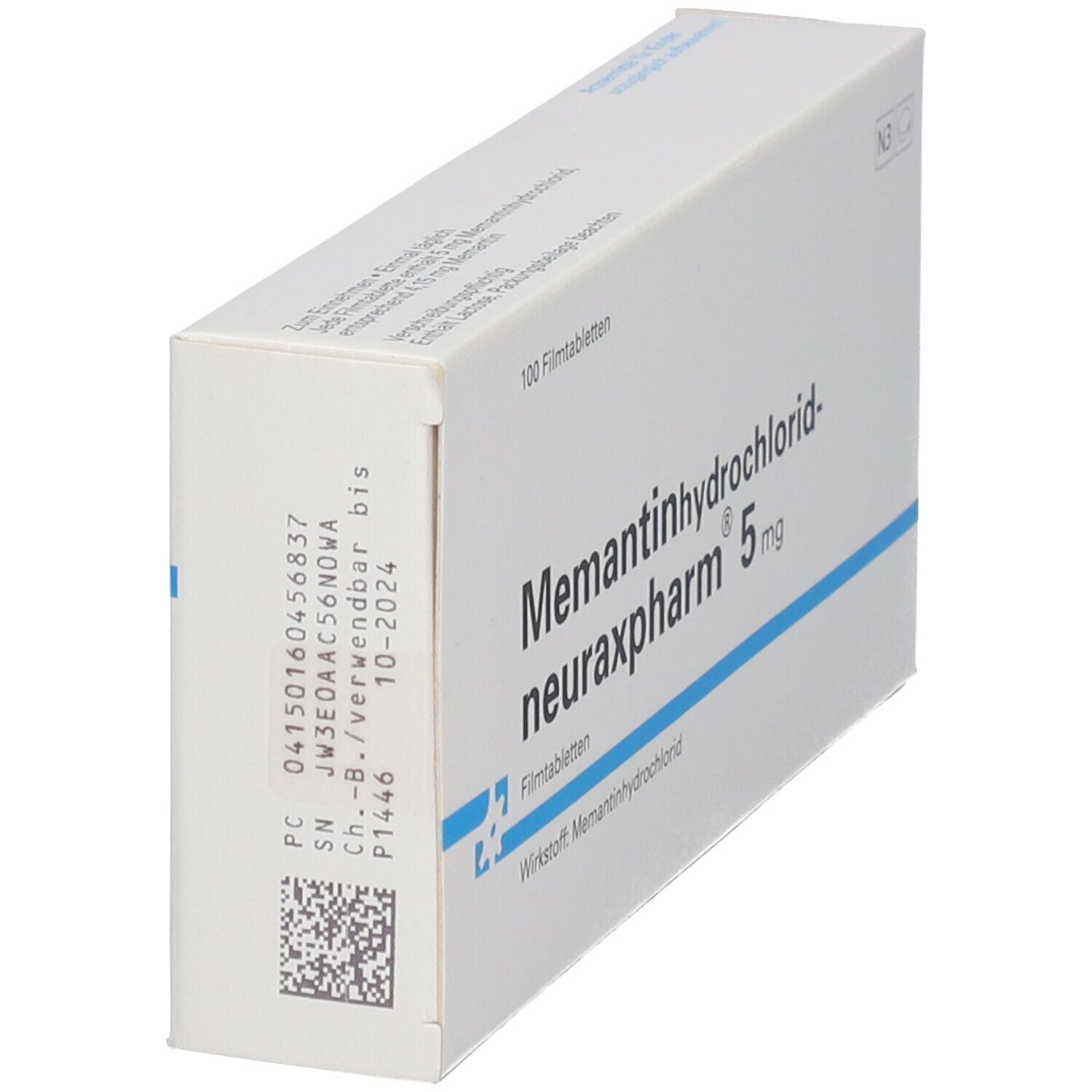 Schachtel Memantinhydrochlorid-neuraxpharm 5 mg. 100 Filmtabletten. Barcode, Chargennummer und N3-Kennzeichen.