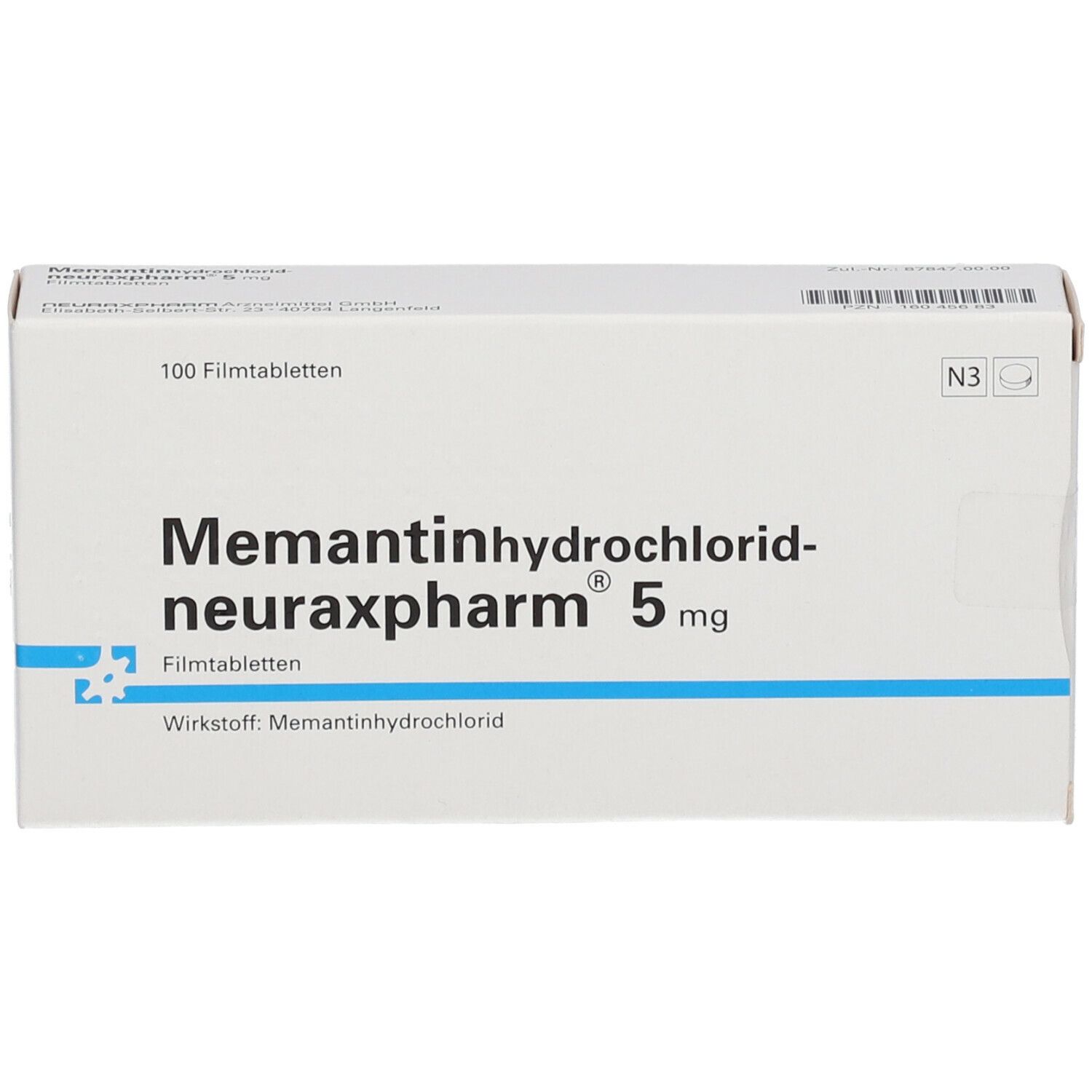 Schachtel mit Memantinhydrochlorid-neuraxpharm 5 mg. 100 Filmtabletten. N3-Kennzeichen.