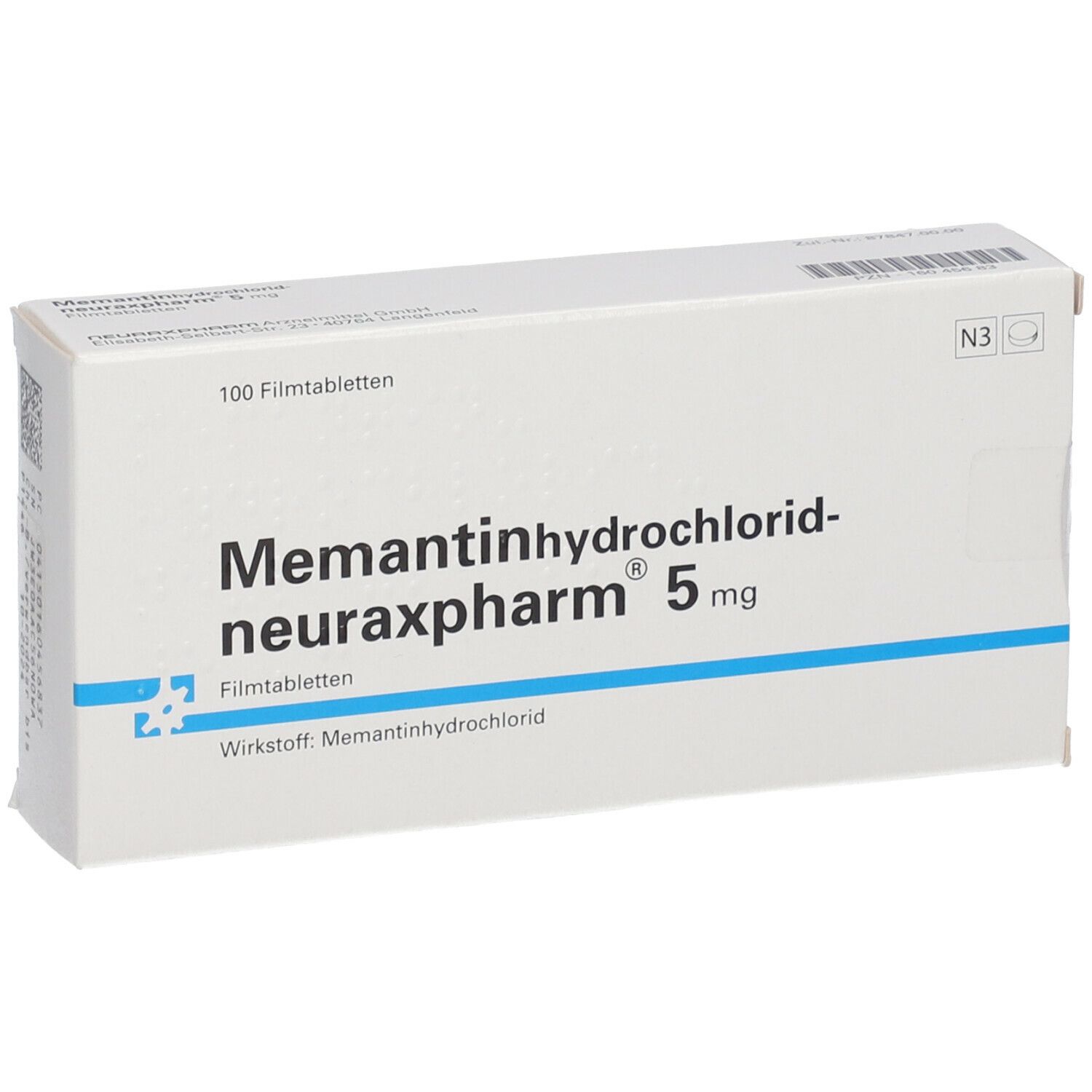 Schachtel mit Memantinhydrochlorid-neuraxpharm 5 mg. 100 Filmtabletten. N3-Kennzeichen.
