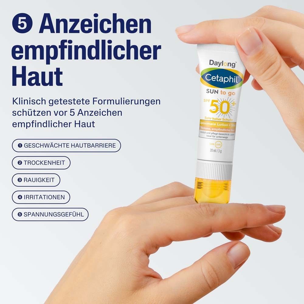 Hände halten Tube CETAPHIL SUN to go. Text: 5 Anzeichen empfindlicher Haut. Klinisch getestet.
