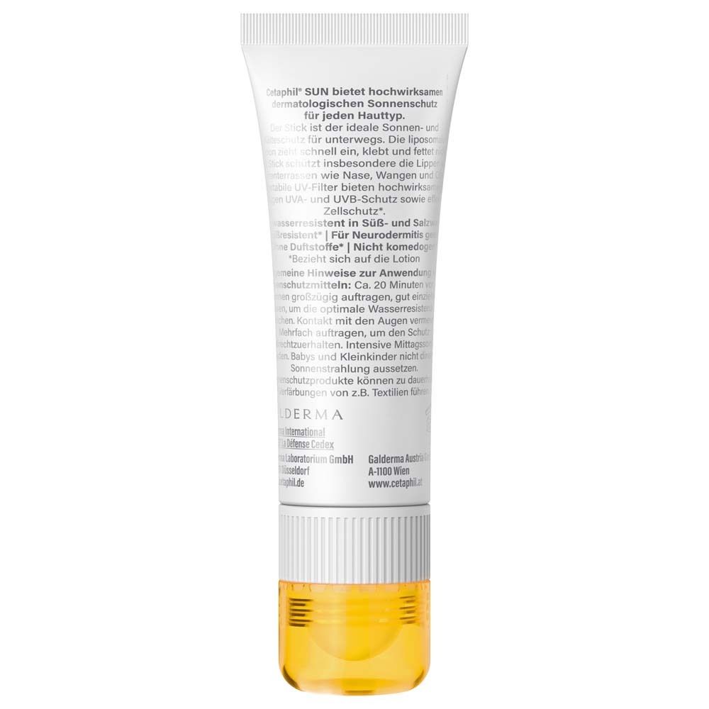Rückseite der Tube CETAPHIL SUN to go. Text und Inhaltsstoffe. Weiße Tube mit gelbem Boden.