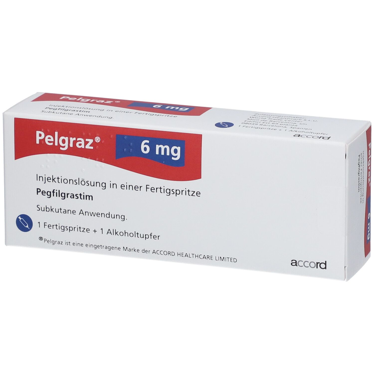 Pelgraz 6 mg Packung. Enthält eine Fertigspritze und Alkoholtupfer. Aufschrift: Injektionslösung, Pegfilgrastim, subkutane Anwendung.