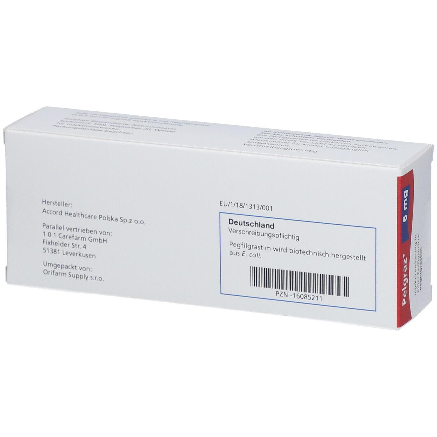 Rückseite der Pelgraz 6 mg Packung. Enthält Informationen über Hersteller, Vertrieb und Chargennummer. Text: Verschreibungspflichtig.