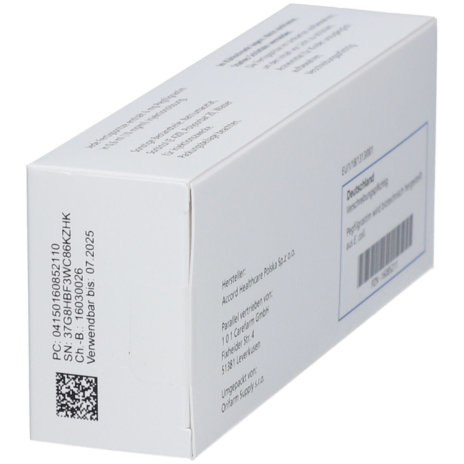Schrägansicht der Rückseite der Pelgraz 6 mg Packung. Enthält Informationen über Hersteller, Vertrieb und Chargennummer. Text: Verschreibungspflichtig.
