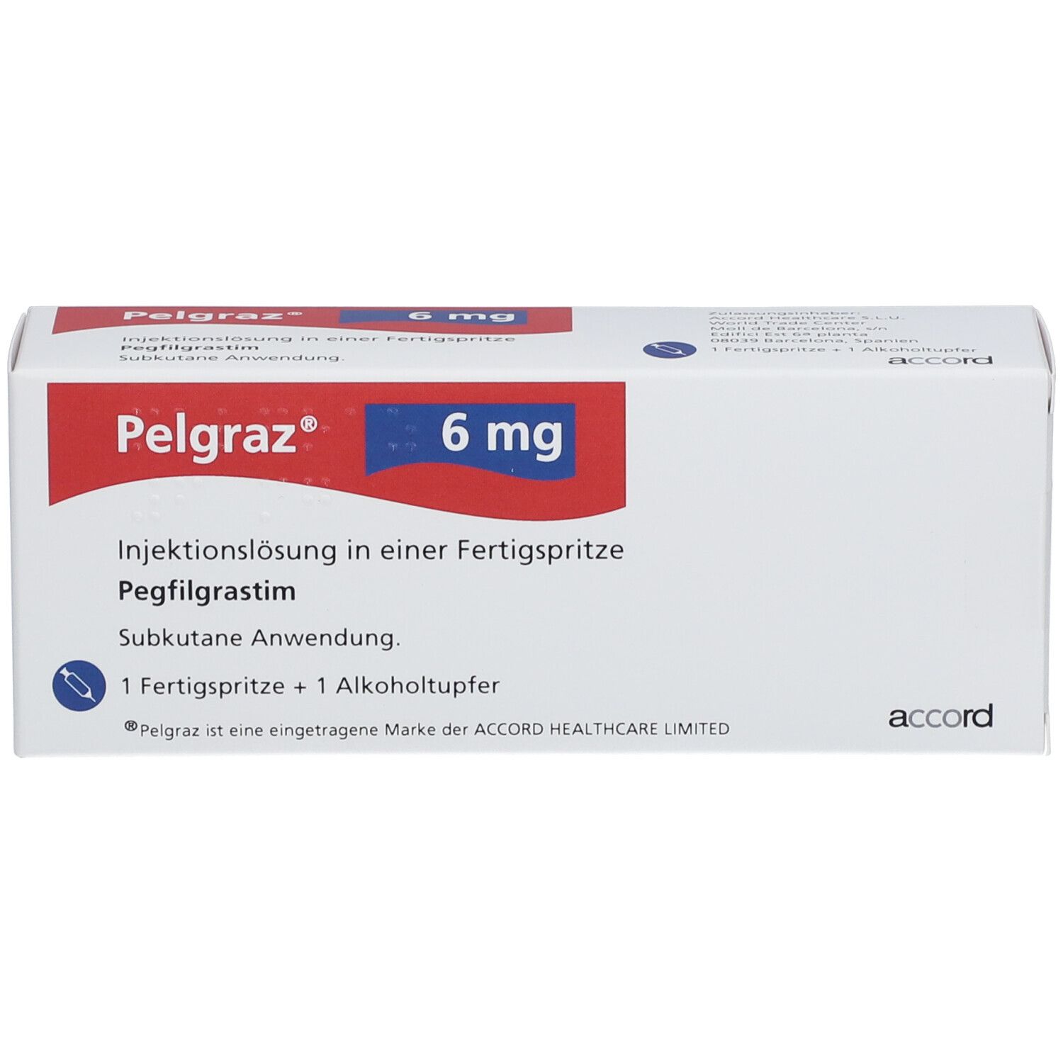 Pelgraz 6 mg Packung. Enthält eine Fertigspritze und Alkoholtupfer. Aufschrift: Injektionslösung, Pegfilgrastim, subkutane Anwendung.