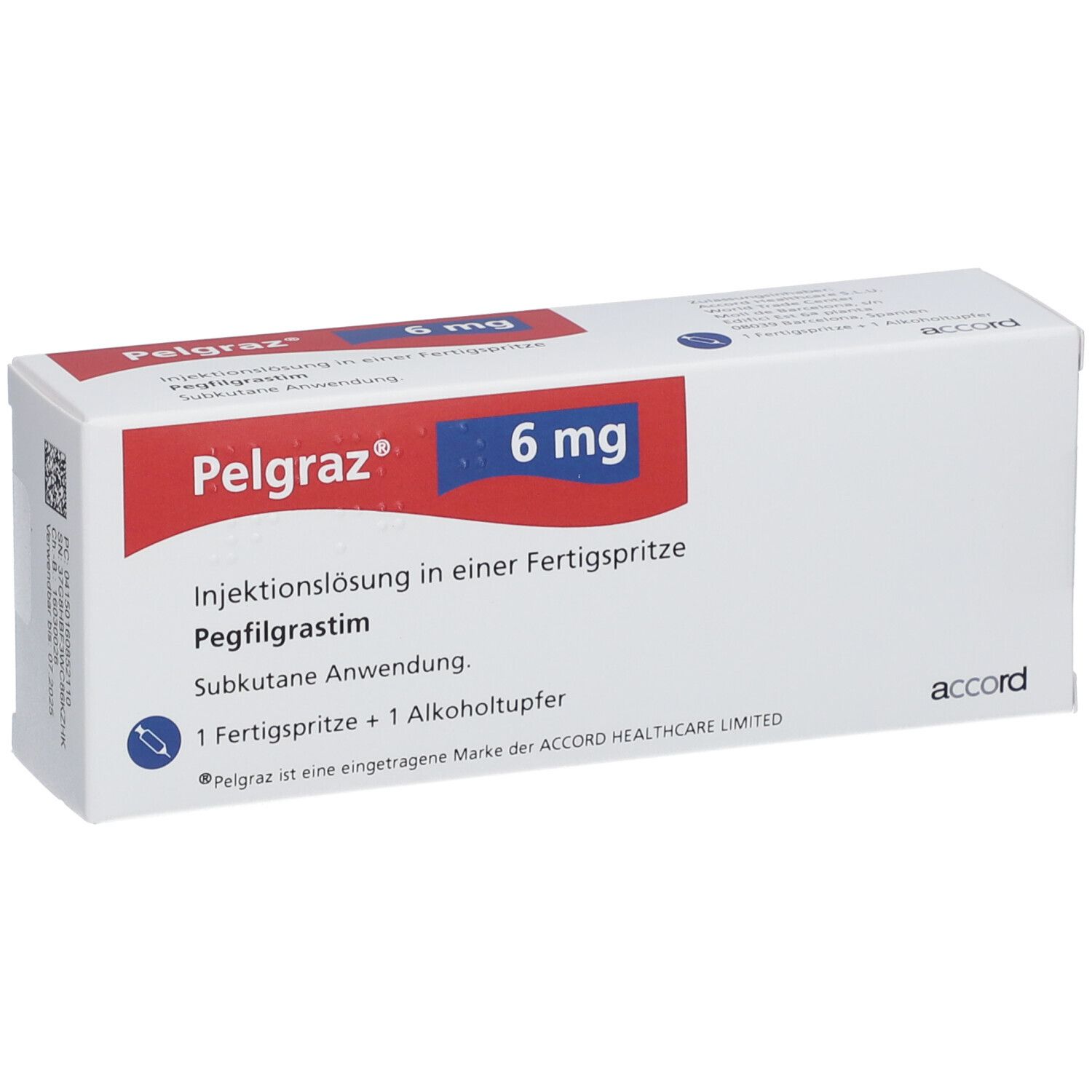 Pelgraz 6 mg Packung. Enthält eine Fertigspritze und Alkoholtupfer. Aufschrift: Injektionslösung, Pegfilgrastim, subkutane Anwendung.