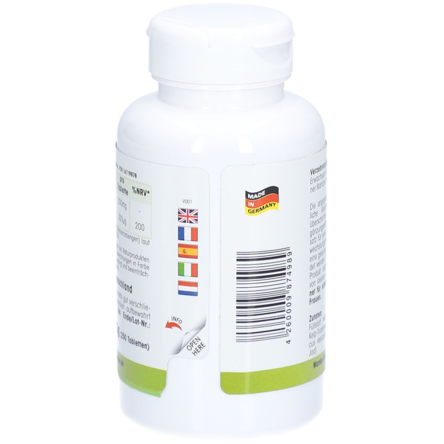 Rückseite der weißen Flasche. Text mit Verzehrempfehlung, Inhaltsstoffen und Warnhinweisen. Mit deutschem Flaggen-Symbol.