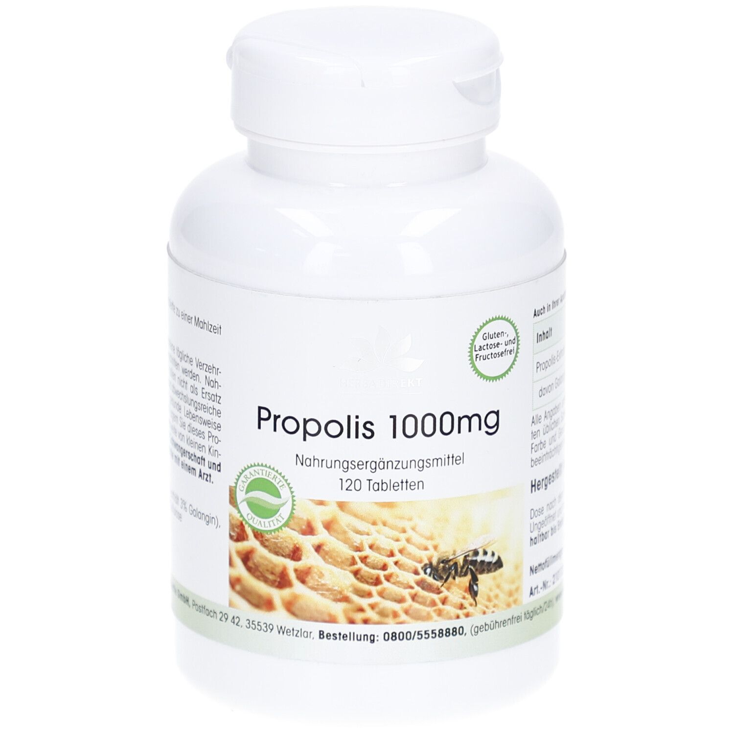 Weiße Flasche PROPOLIS 1000mg. Aufschrift: 120 Tabletten. Abbildung einer Wabe mit Biene. Siegel.