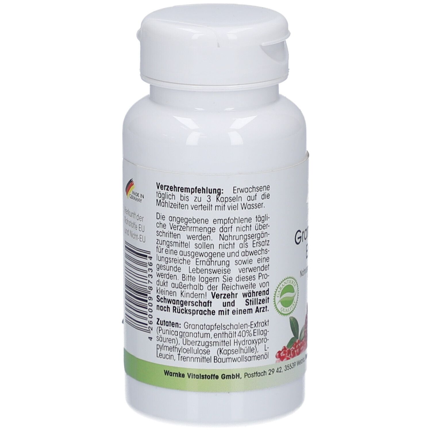 Rückseite der weißen Flasche. Text: Verzehrempfehlung. Zutaten. Hergestellt in Deutschland. Barcode und Logo.