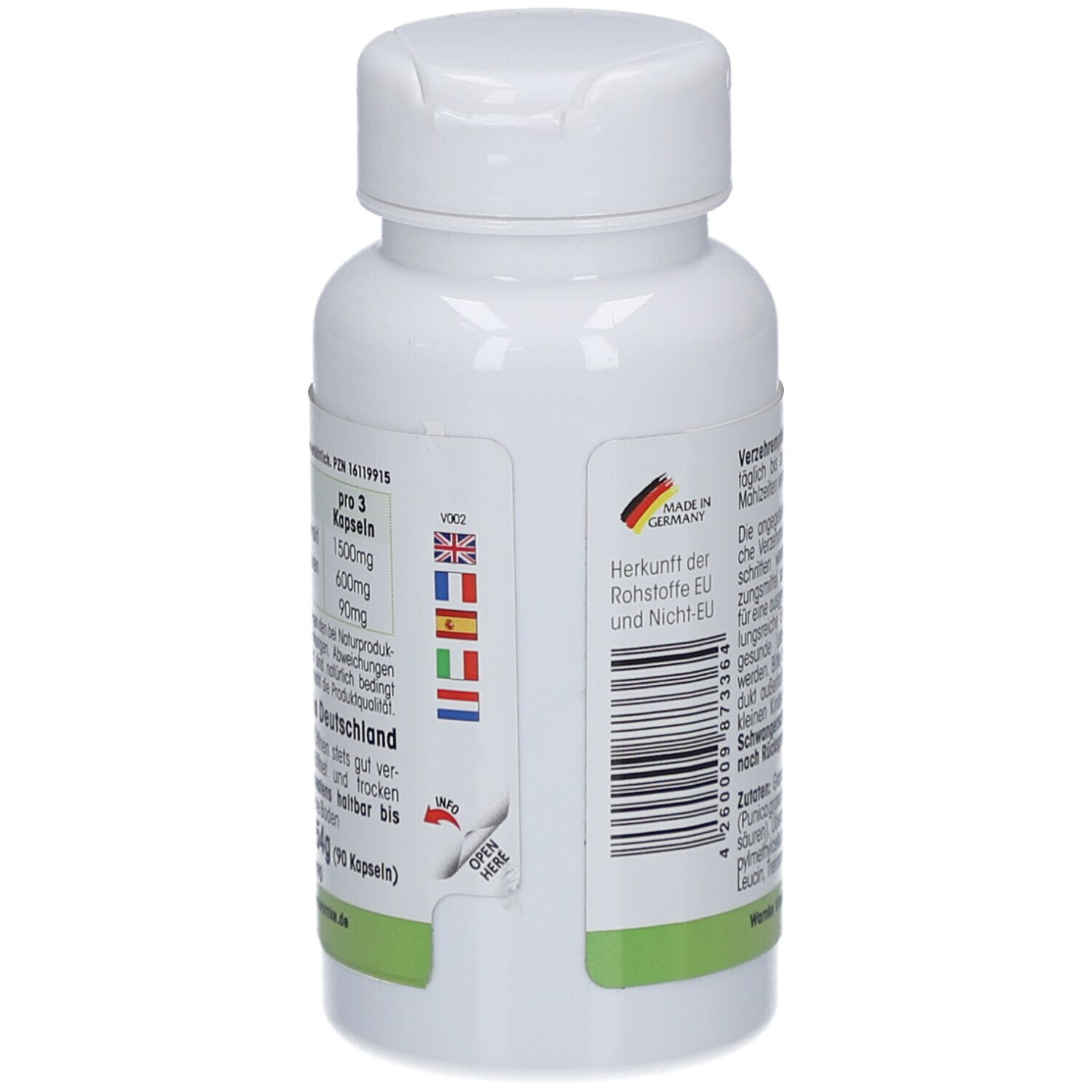 Rückseite der weißen Flasche. Text: Herkunft der Rohstoffe EU und Nicht EU. Barcode. Flaggen von Ländern.