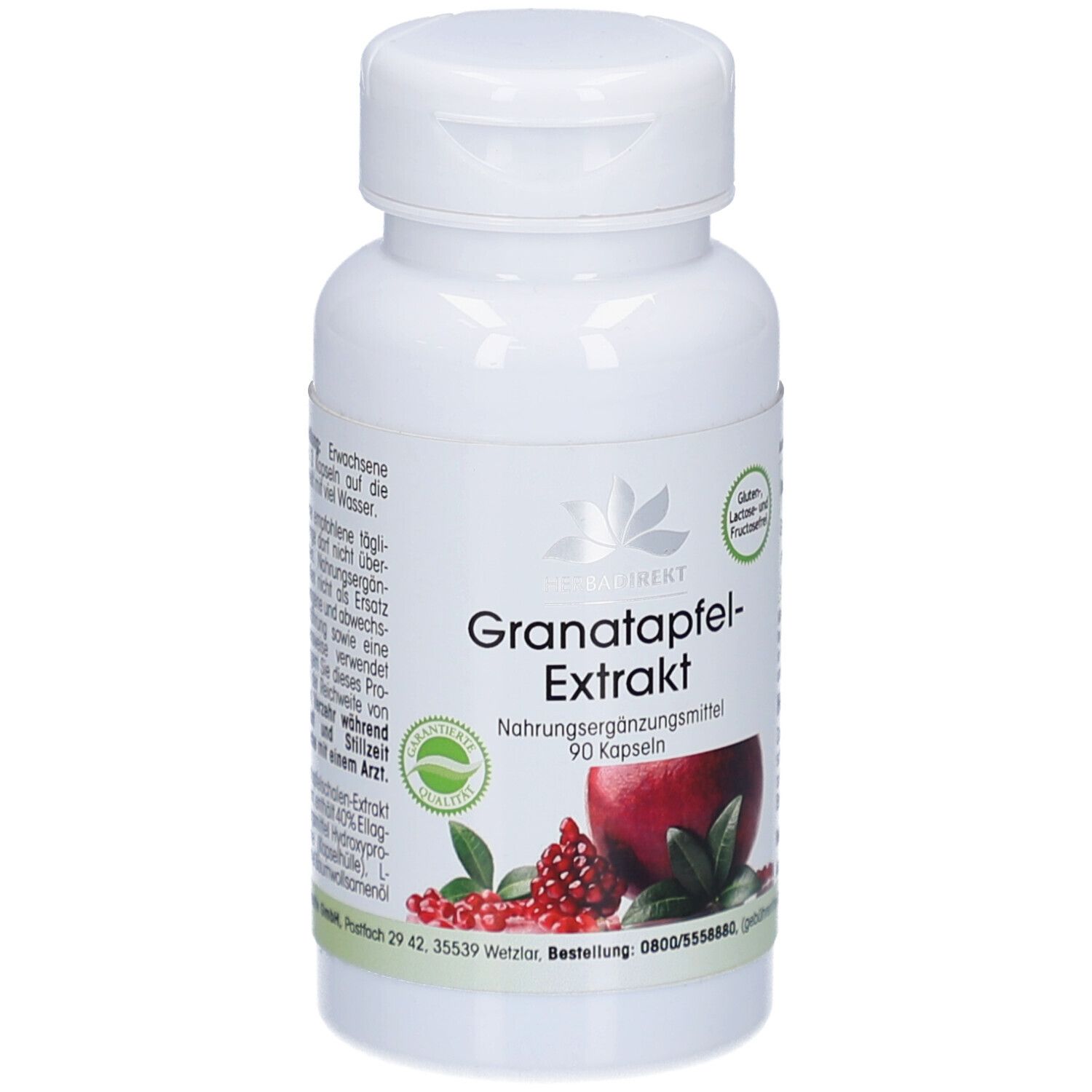 Weiße Flasche mit Kapseln. Aufschrift: Granatapfel-Extrakt. Abbildung einer Granatapfel-Hälfte und Kerne. 90 Kapseln.