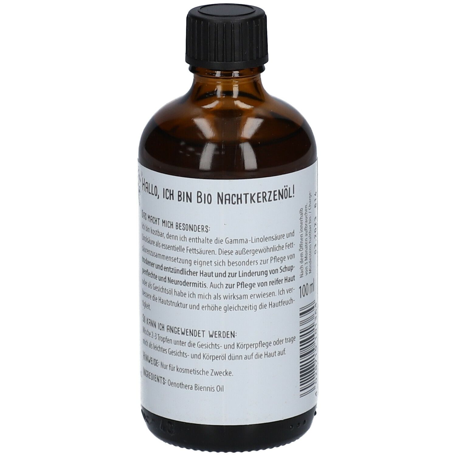 Braune Glasflasche mit Text auf dem Etikett. Enthält Informationen über das Produkt.