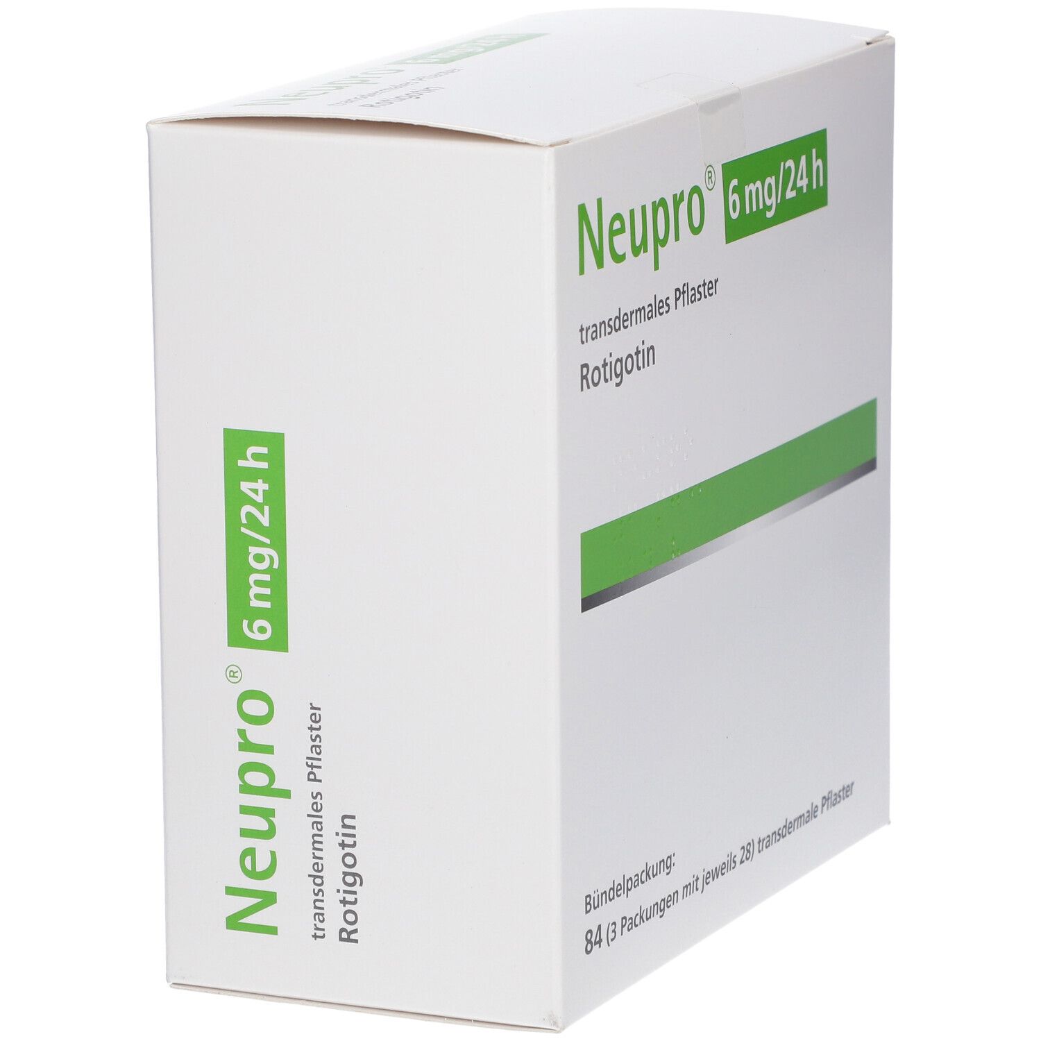 Weiße Schachtel mit grünem Streifen und Aufschrift "Neupro 6 mg/24 h". Enthält transdermale Pflaster Rotigotin.