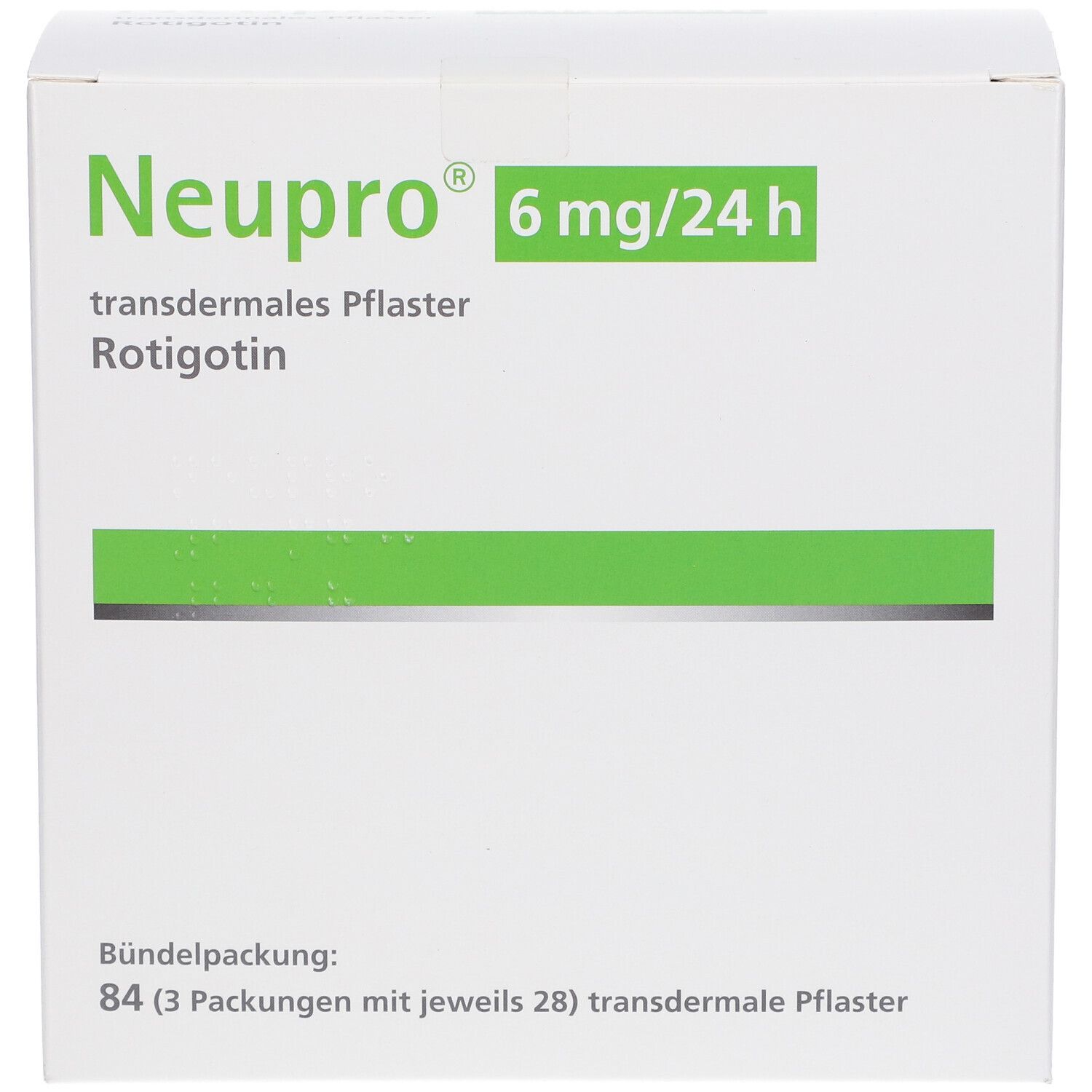 Weiße Schachtel mit grünem Streifen und Aufschrift "Neupro 6 mg/24 h". Enthält transdermale Pflaster Rotigotin.