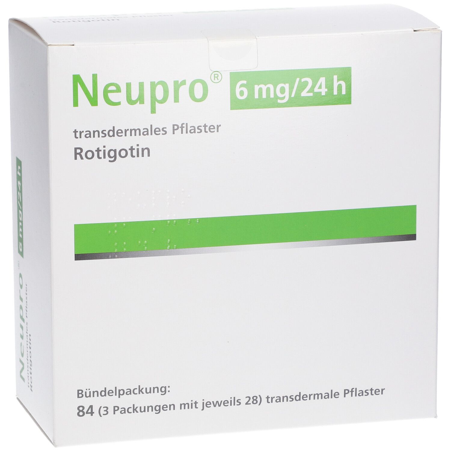 Weiße Schachtel mit grünem Streifen und Aufschrift "Neupro 6 mg/24 h". Enthält transdermale Pflaster Rotigotin.