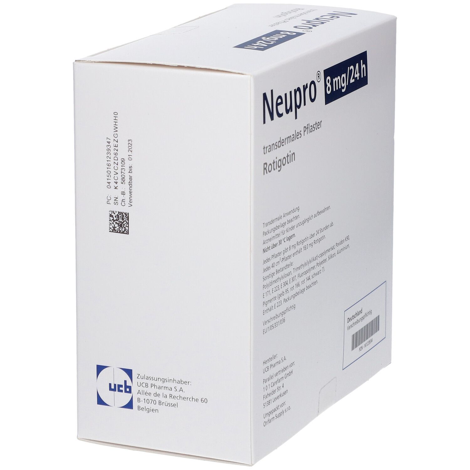 Weiße Verpackung von Neupro® 8 mg/24 h. Aufschrift: transdermales Pflaster Rotigotin. Details und Herstellerangaben.