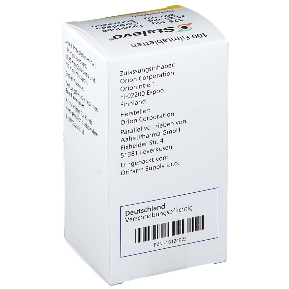 STALEVO 125/31,25/200MG-Schachtel. Rückseite mit Herstellerinformationen und Barcode. Hergestellt in Deutschland. Orion Pharma.