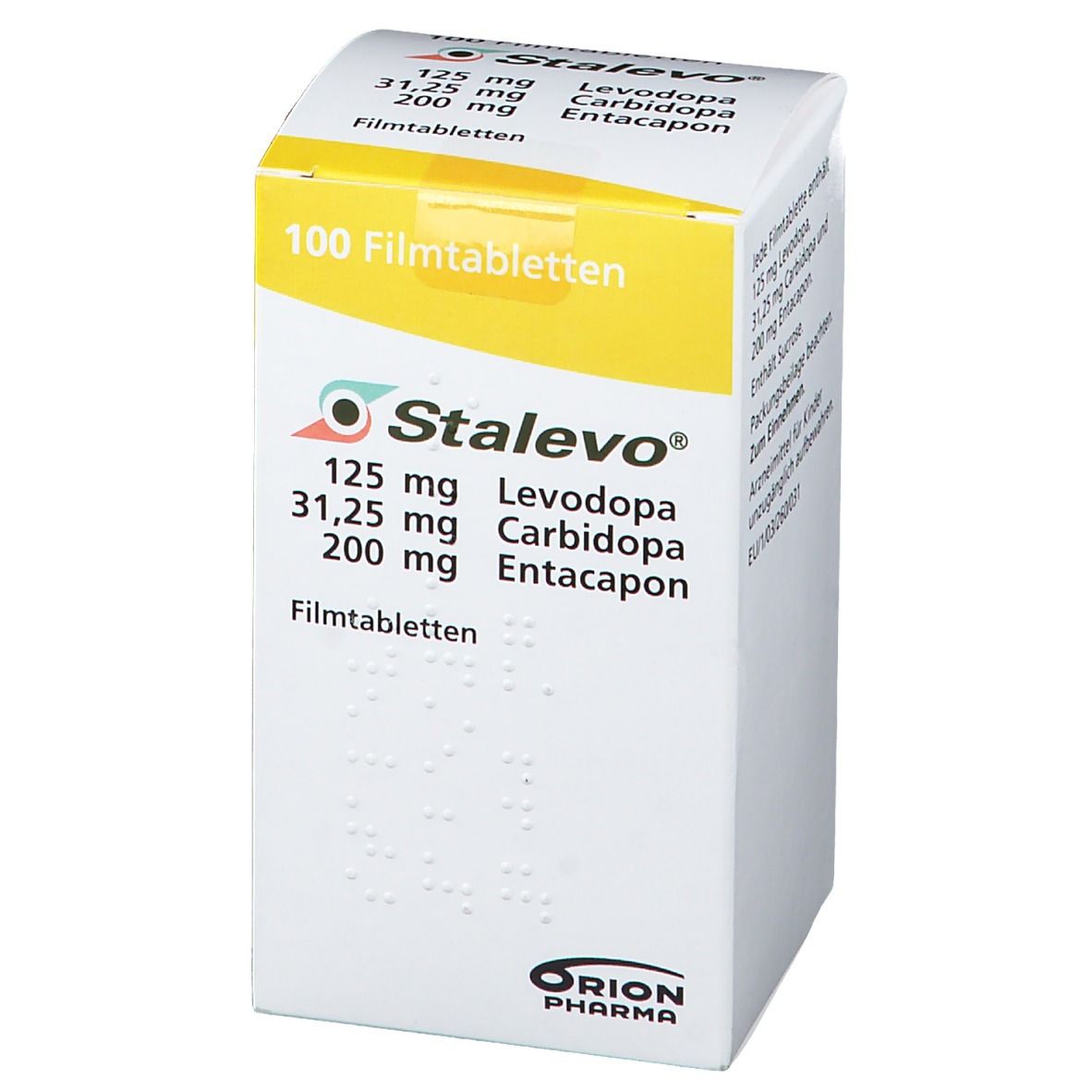 STALEVO 125/31,25/200MG-Schachtel. Ansicht mit Produktnamen, Dosierung und Inhaltsstoffen. 100 Filmtabletten. Orion Pharma.