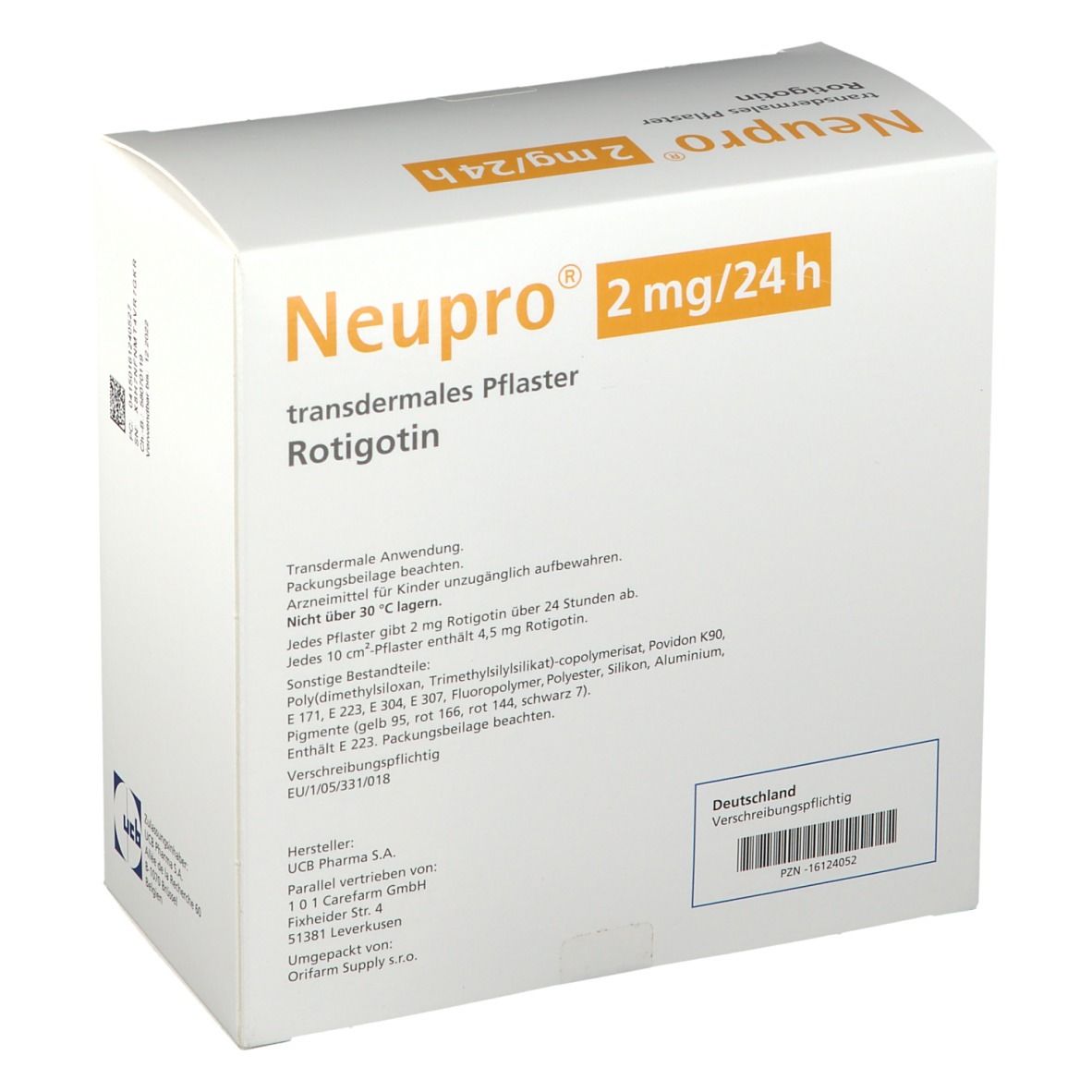 Weiße Kartonverpackung mit orangefarbenen Akzenten. Aufschrift: Neupro 2 mg/24 h, transdermales Pflaster. Rückseite mit Text.