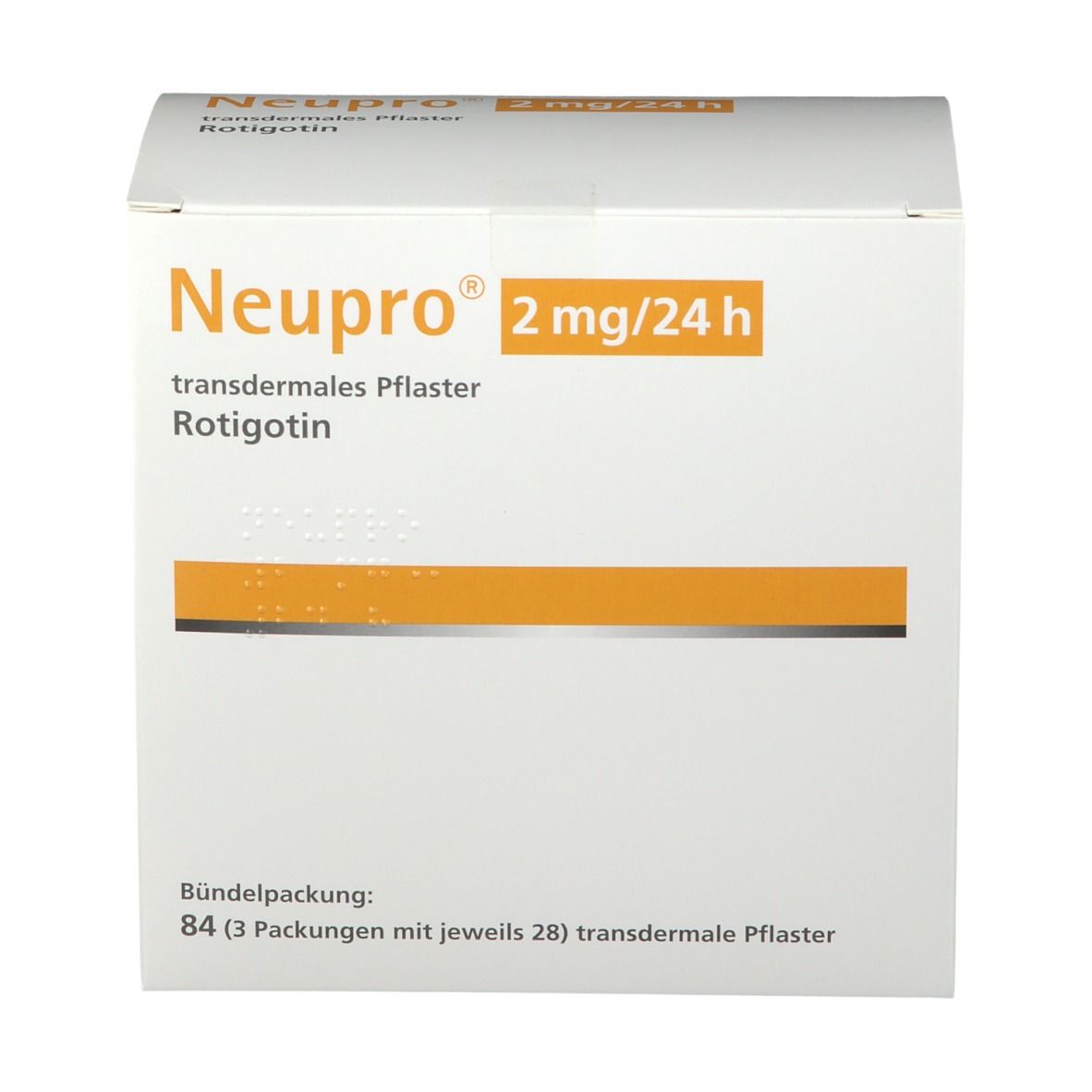 Weiße Kartonverpackung mit orangefarbenen Akzenten. Aufschrift: Neupro 2 mg/24 h, transdermales Pflaster. Enthält 84 Pflaster.